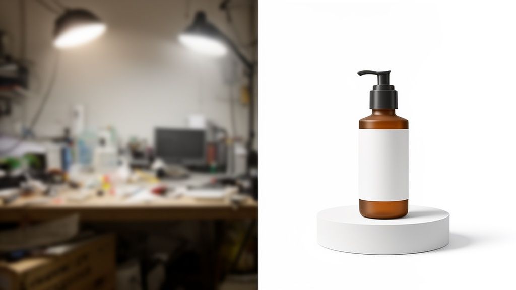 בקבוק משאבה חום עם תווית לבנה על מעמד לבן, לצד שולחן עבודה מטושטש ומואר.