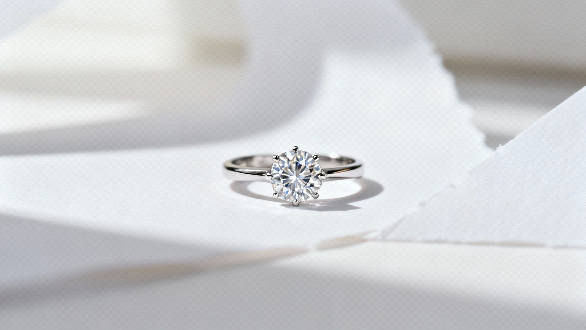 טבעת אירוסין כסף מבריקה עם יהלום גדול על רקע לבן עם צללים רכים ופיסות נייר קרועות.