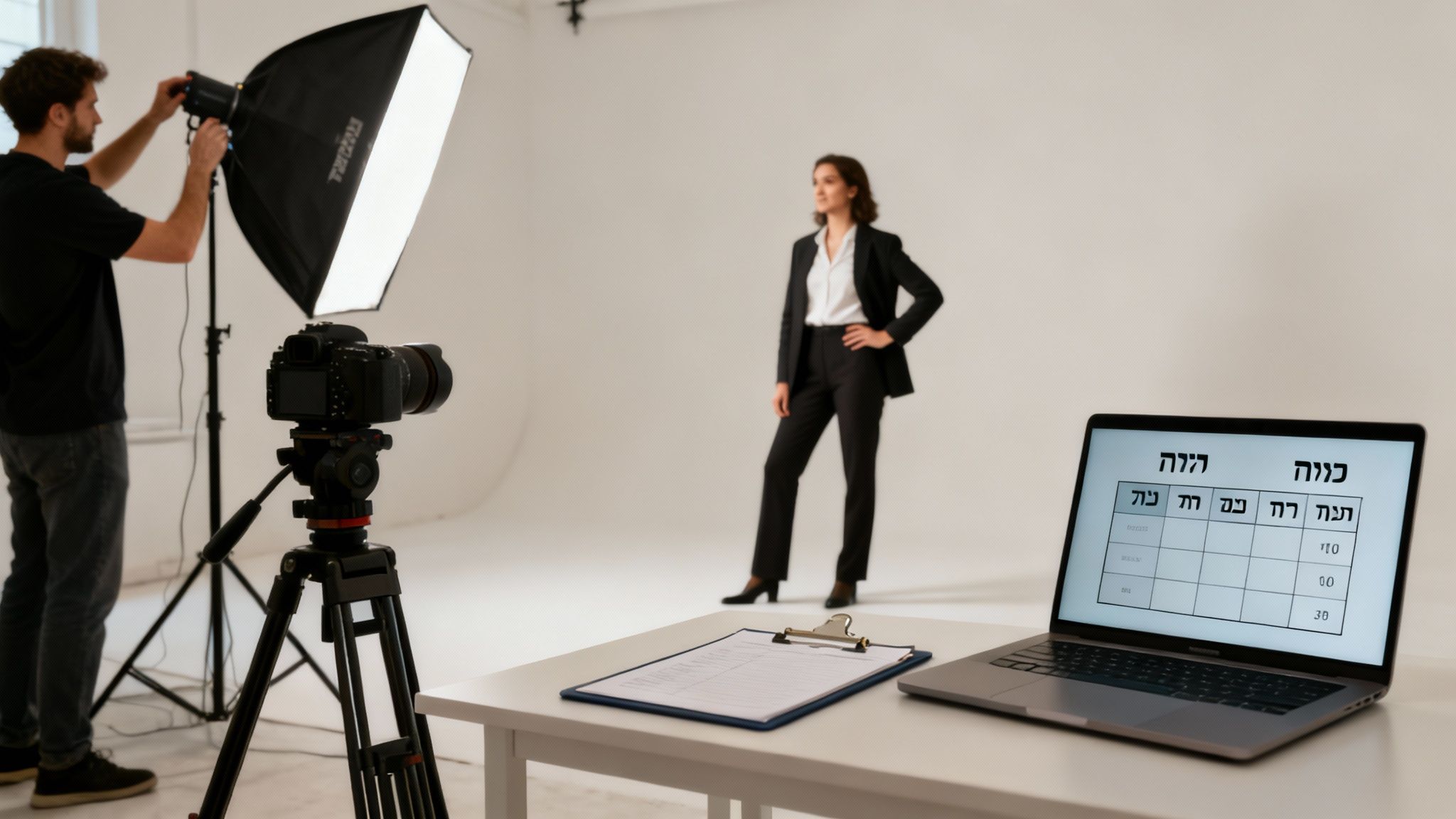 צלם מכוון תאורה לדוגמנית בסטודיו מקצועי, עם מצלמה על חצובה ומחשב נייד על שולחן.