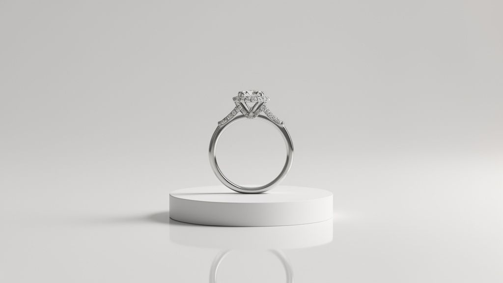 תצלום מוצר של טבעת יהלום נוצצת עם עיצוב הילה ושיבוץ פאבה על הרקע הבהיר.