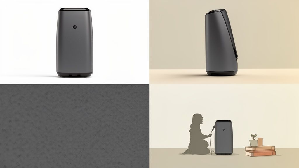 תצוגה מרובת פאנלים של מכשיר אלקטרוני ביתי אפור כהה מזוויות שונות, כולל שימוש מאויר.