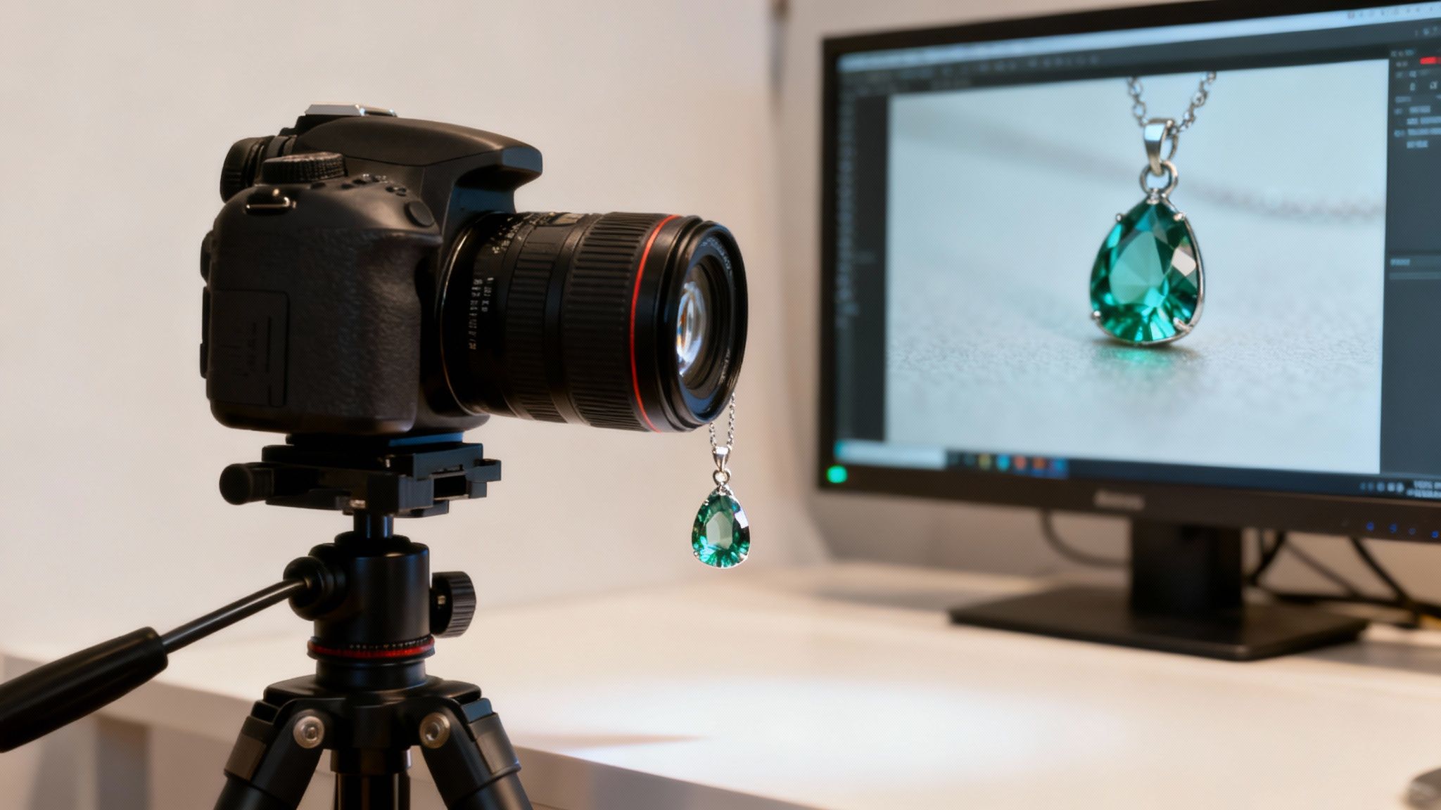 מצלמת DSLR שחורה על חצובה מצלמת תכשיט ירוק יפהפה, כאשר תמונת התכשיט מוצגת על מסך מחשב ברקע.