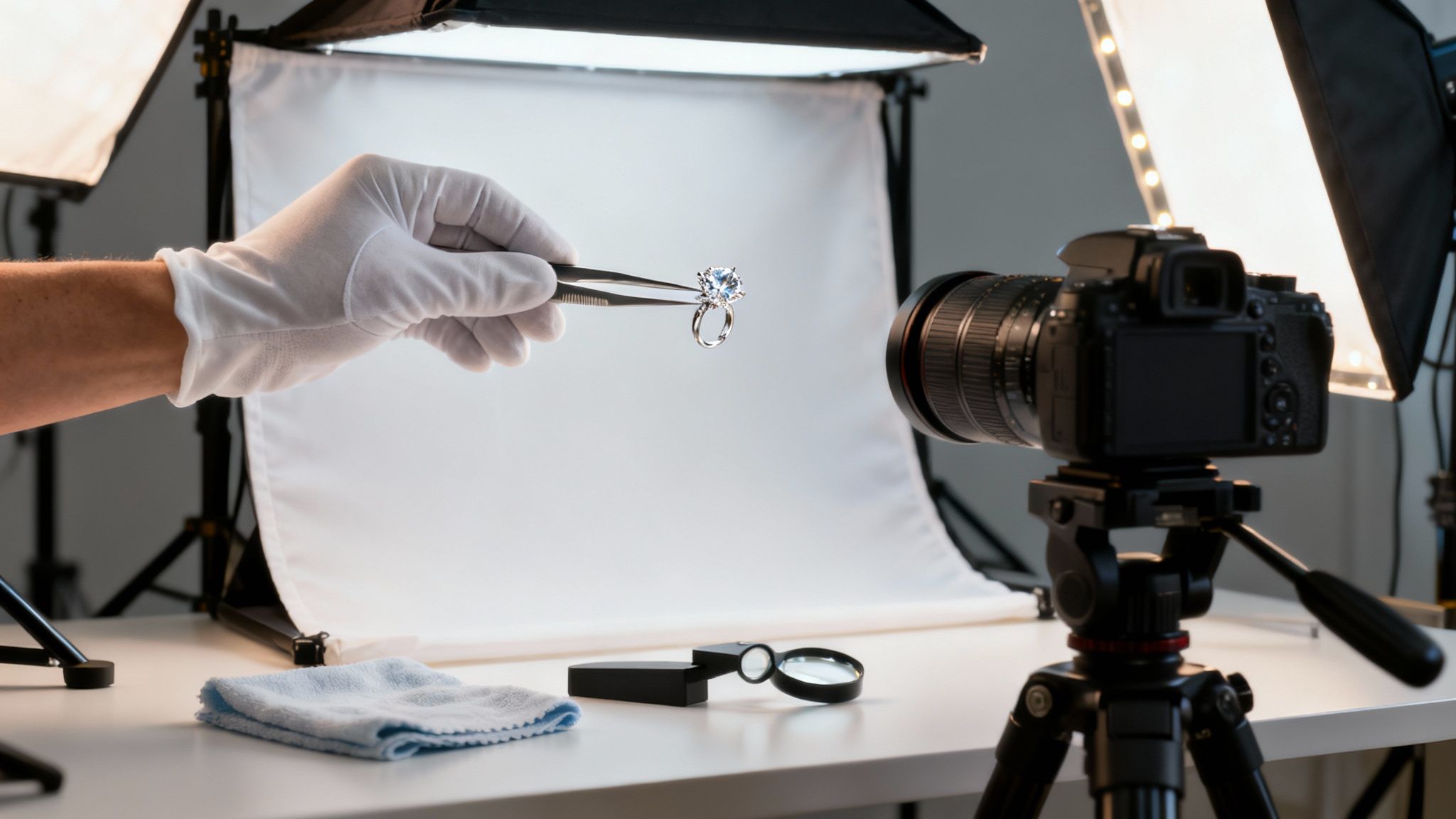 יד בכפפה לבנה מחזיקה טבעת יהלום עם פינצטה, על רקע סטודיו לצילום תכשיטים עם מצלמה ותאורה.