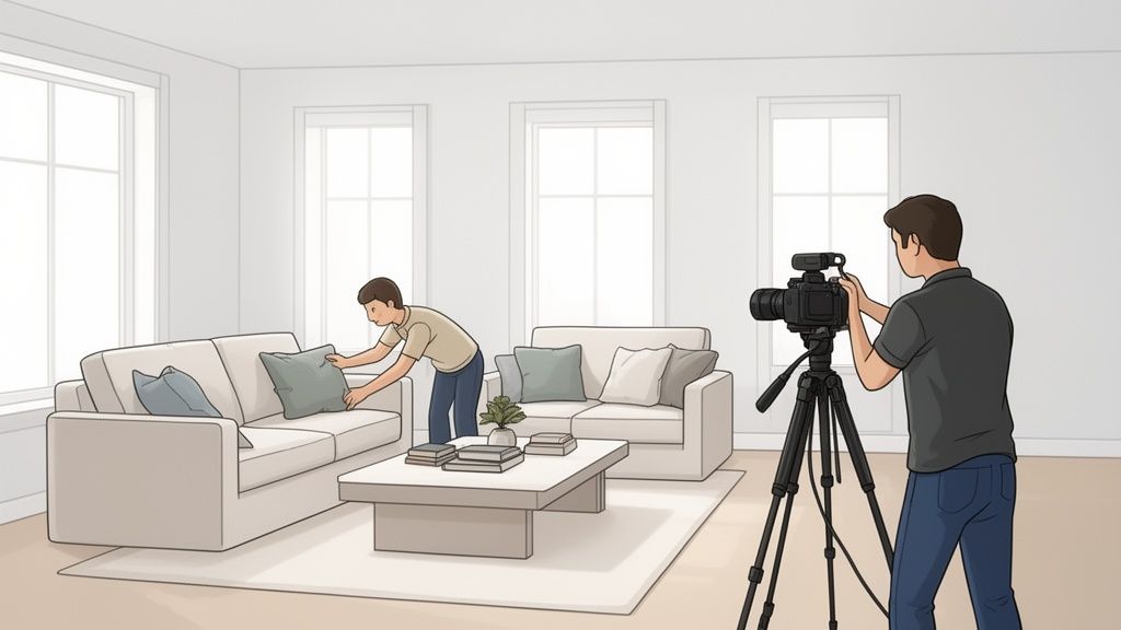 גבר מסדר כריות על ספה בזמן שצלם מתעד את החדר במצלמה על חצובה.