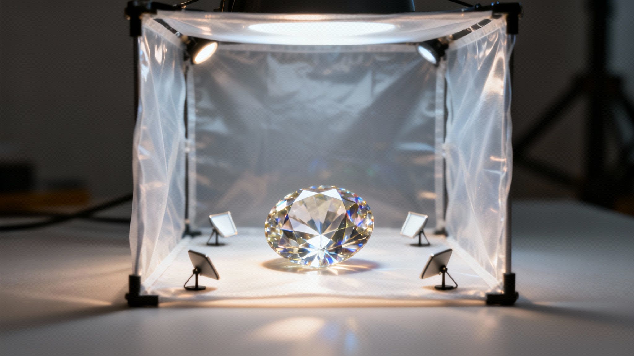 יהלום מבריק גדול ממוקם במרכז סטודיו תאורה, מוקף באורות קטנים, ליצירת צילום תכשיטים מרהיב.