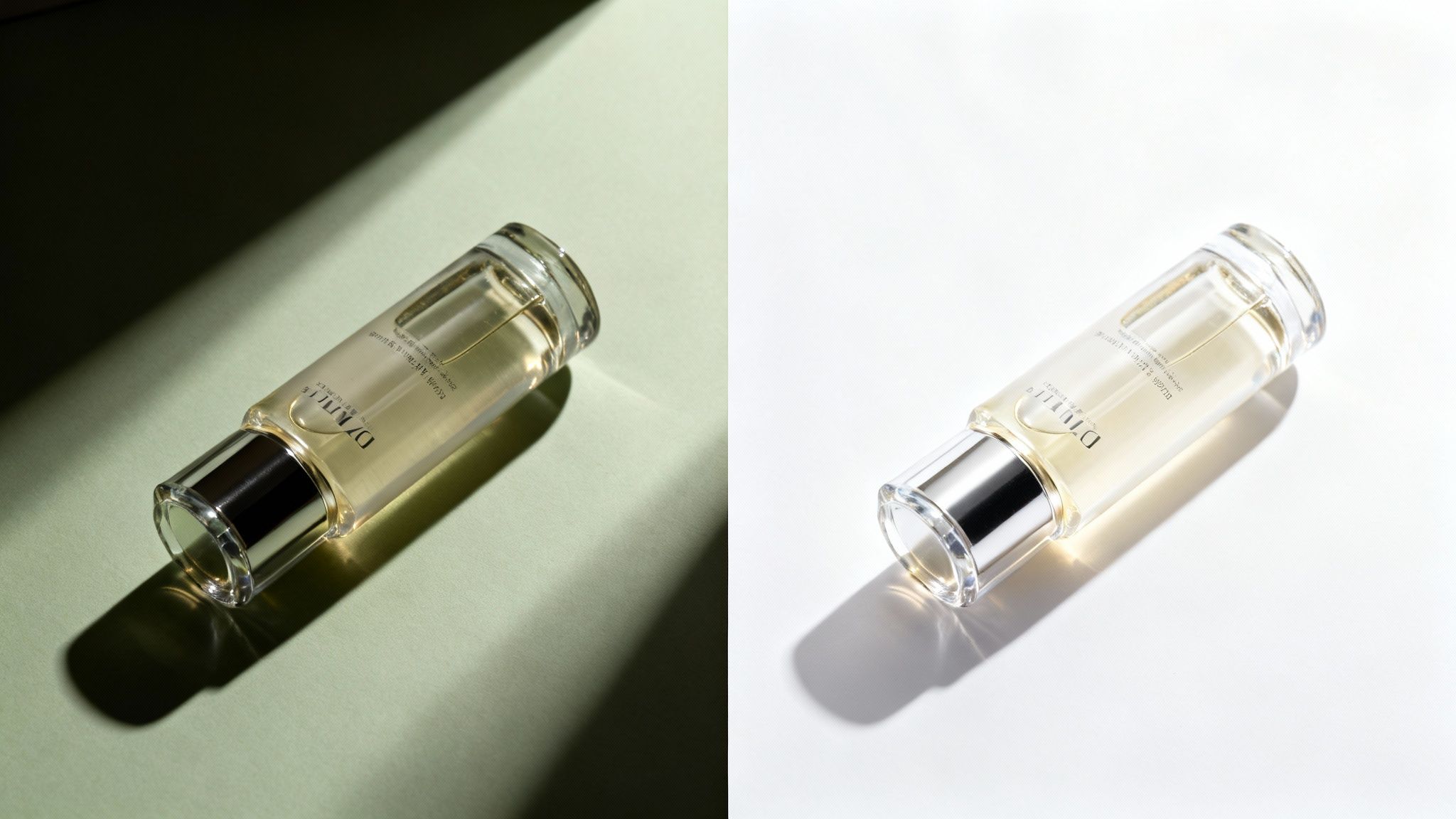 שני בקבוקי מוצר יוקרתיים שקופים עם נוזל צהבהב, מוארים ומוצגים על רקע ירוק ולבן.