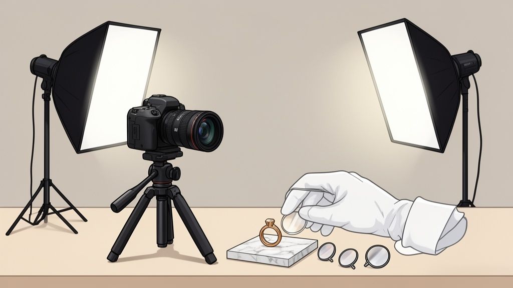 הגדרת סטודיו מקצועית לצילום תכשיטים: מצלמה, תאורת סופטבוקס, טבעת יהלום וידיים כפפות.