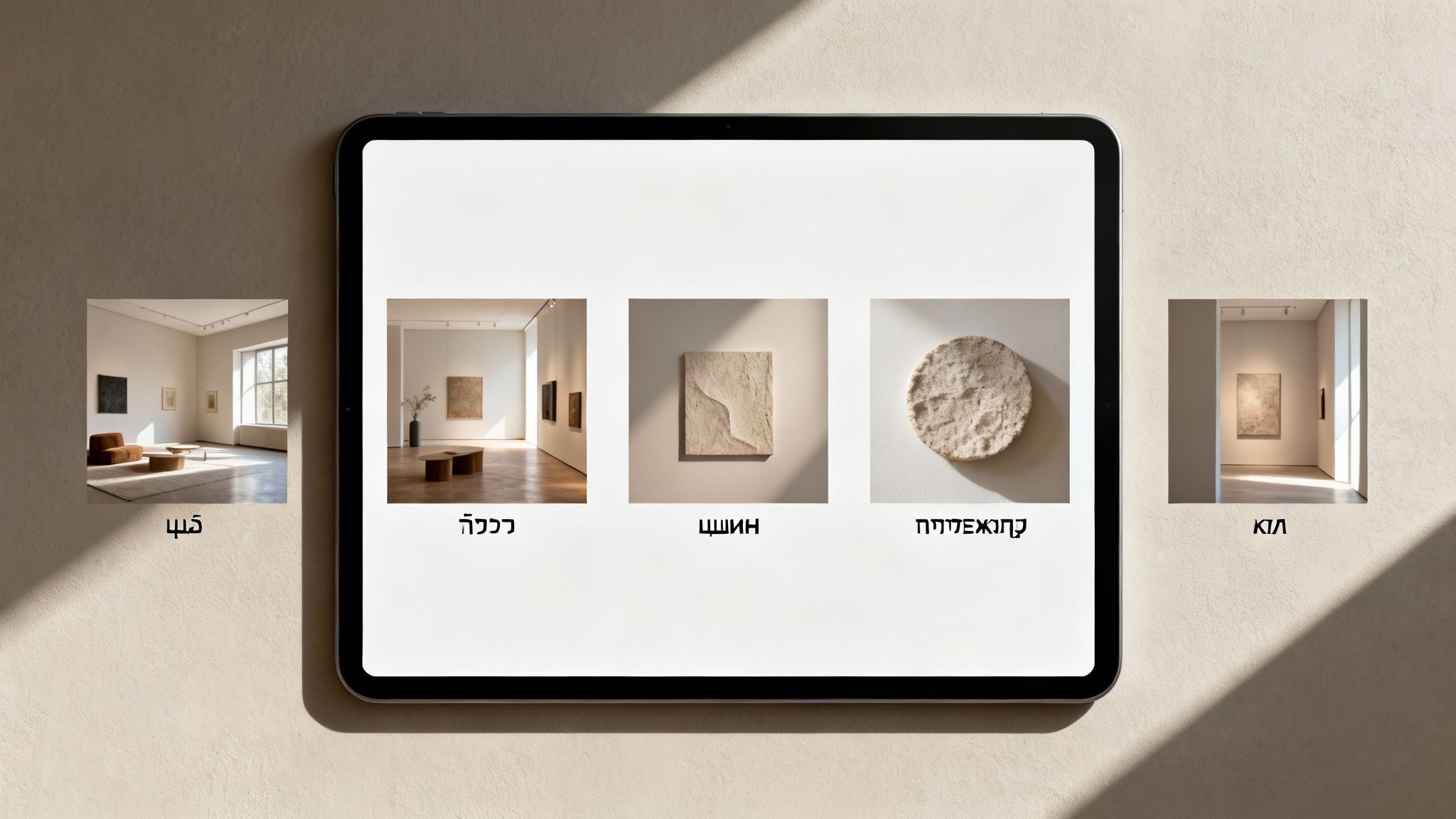 טאבלט מציג תמונות של יצירות אמנות מודרניות ותצוגות גלריה אלגנטיות בעיצוב מינימליסטי.