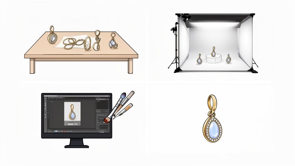 איור המדגים את תהליך צילום ועריכת תכשיטים: סידור, צילום בסטודיו, עריכה דיגיטלית ותוצאה סופית.