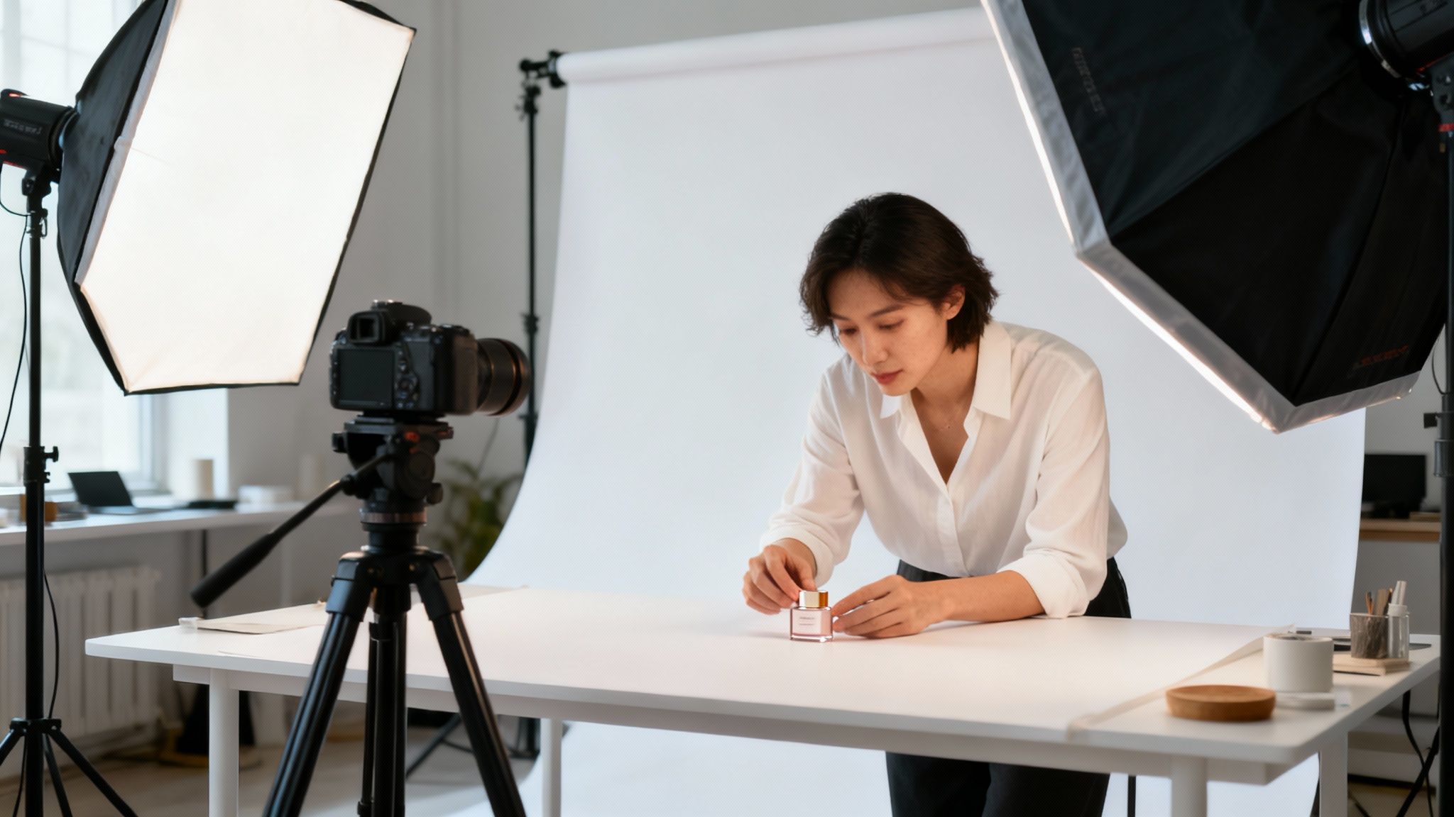 אישה מניחה בקבוק בושם לשם צילום מוצרים בסטודיו מקצועי עם תאורה ומצלמה.