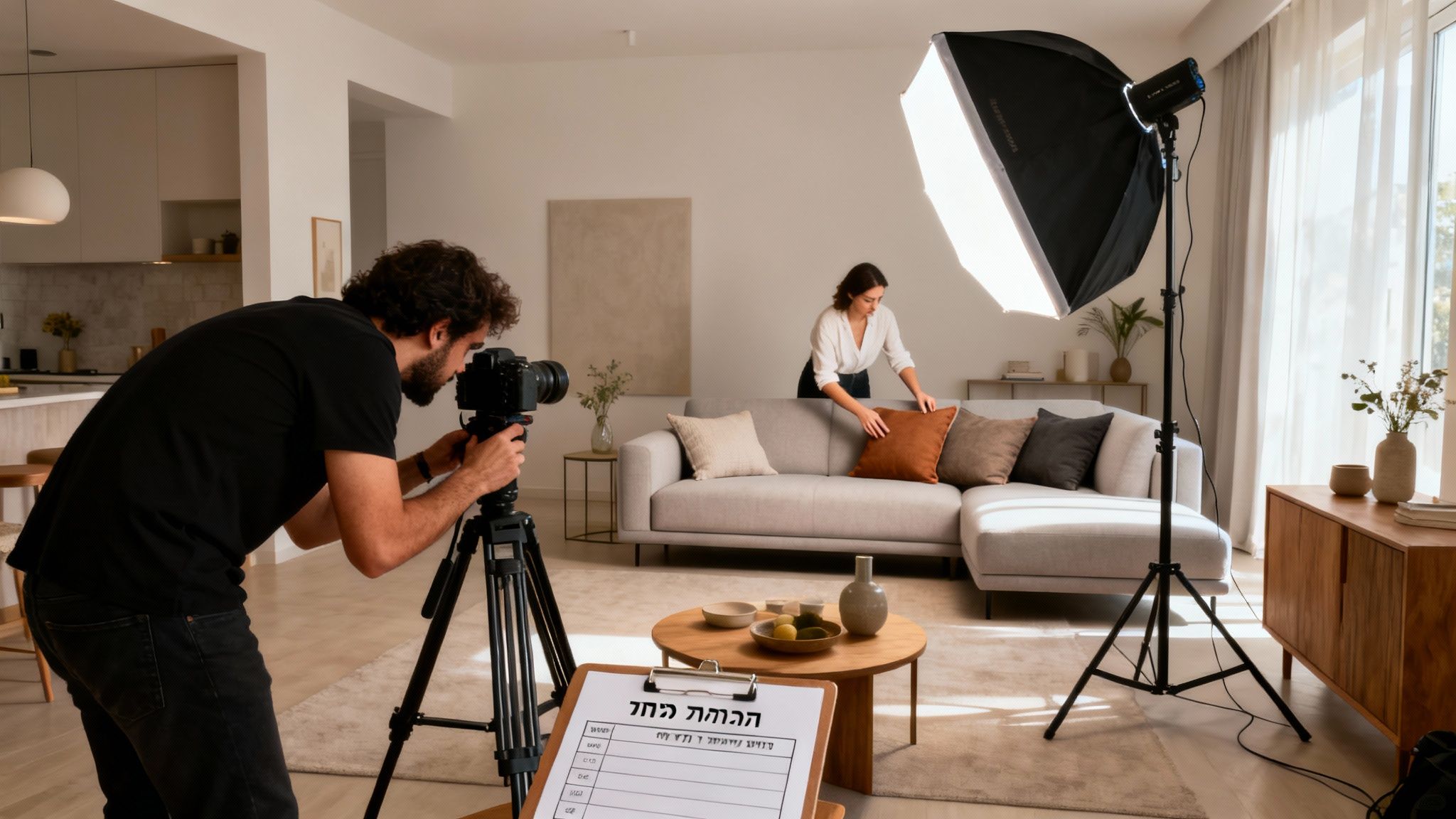 צלם מצלם תמונות של סלון מעוצב עם אישה המסדרת כריות על ספה, תוך שימוש בתאורת סטודיו מקצועית.