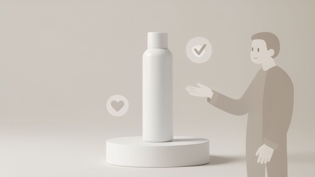בקבוק מוצר לבן על מעמד, לצדו אדם מאויר עם סמלי אהבה ואישור. קונספט מינימליסטי.