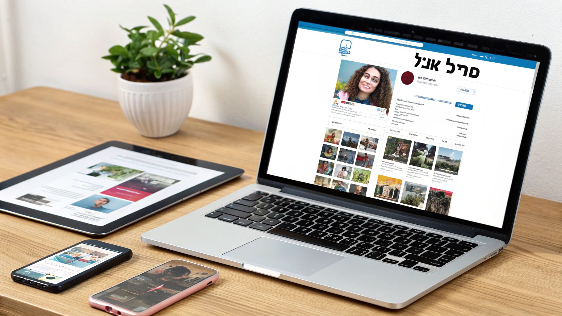 שולחן עץ עם מחשב נייד, טאבלט וסמארטפונים המציגים תוכן דיגיטלי, פרופיל אישי ואתרים.