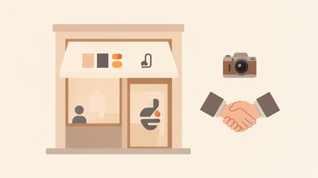 תמונה המציגה חזית עסק, מצלמה מקצועית ולחיצת יד, המסמלת שיתוף פעולה בצילום ומיתוג לעסקים.