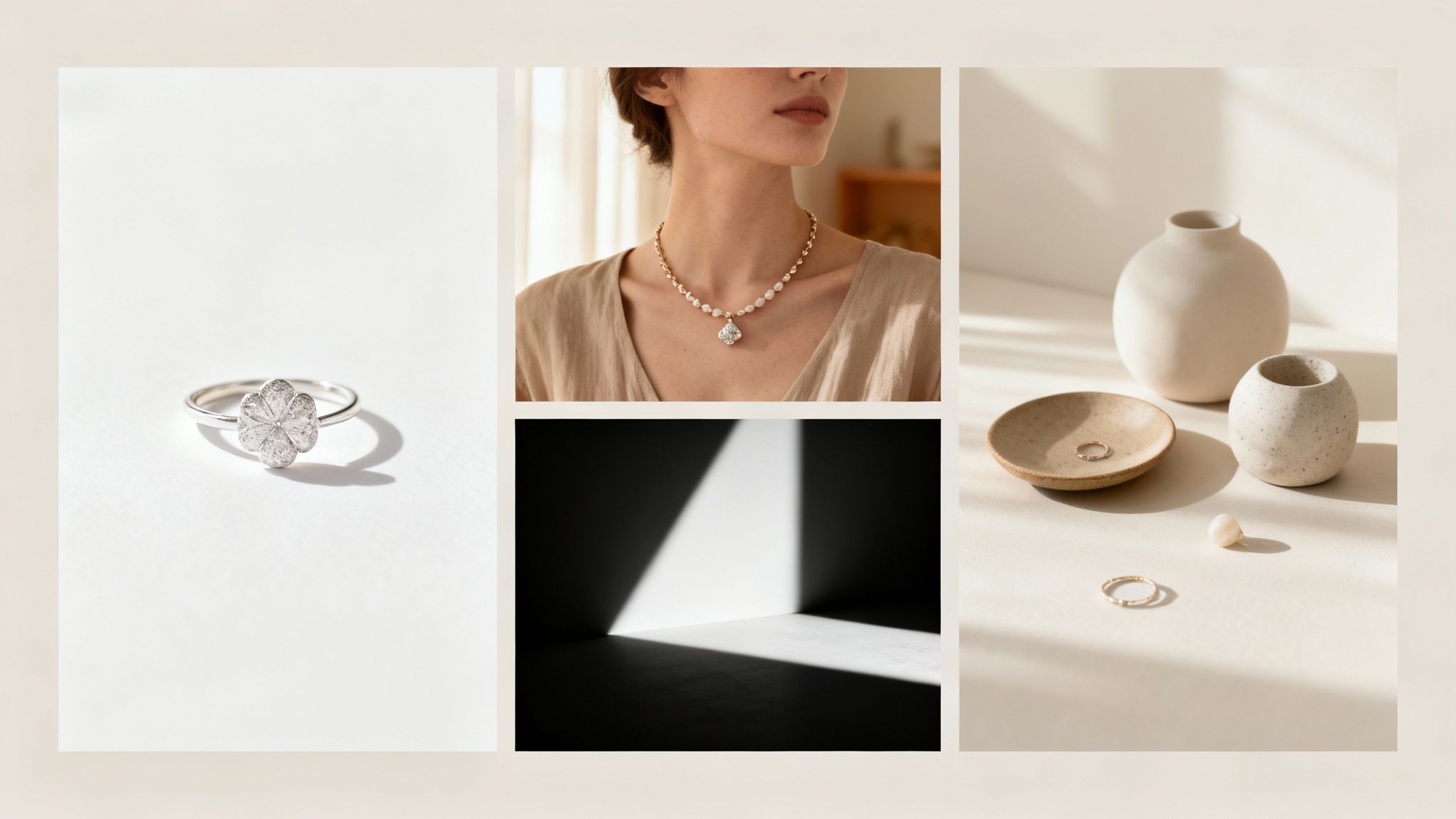 קולאז' של תמונות המציג תכשיטים יוקרתיים: טבעת פרח, שרשרת פנינים ויהלום, וחפצי נוי אסתטיים עם צללים.