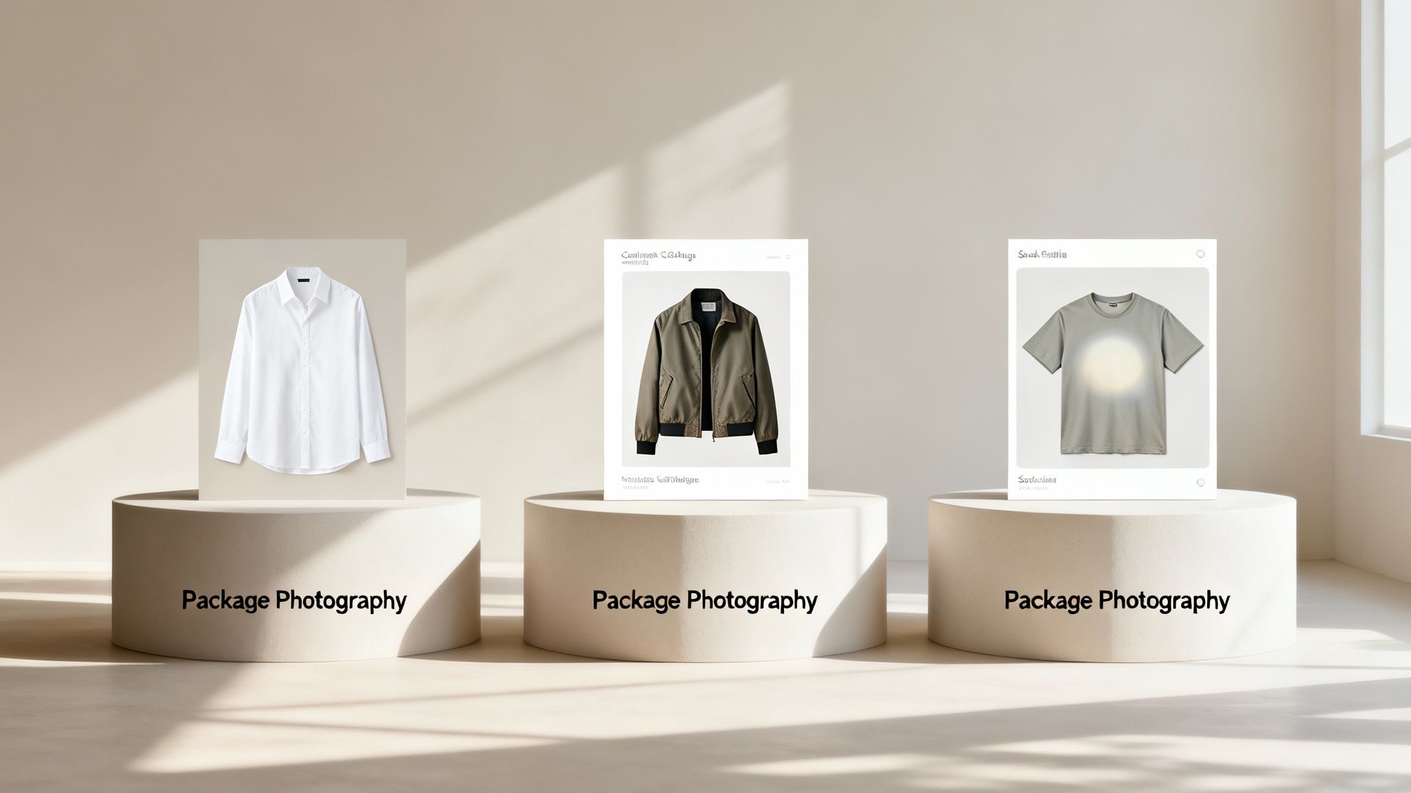 צילום מוצרים של בגדים הכולל חולצה לבנה, ז'קט ירוק וחולצת טריקו אפורה, מוצגים על גבי פדסטלים בהירים.