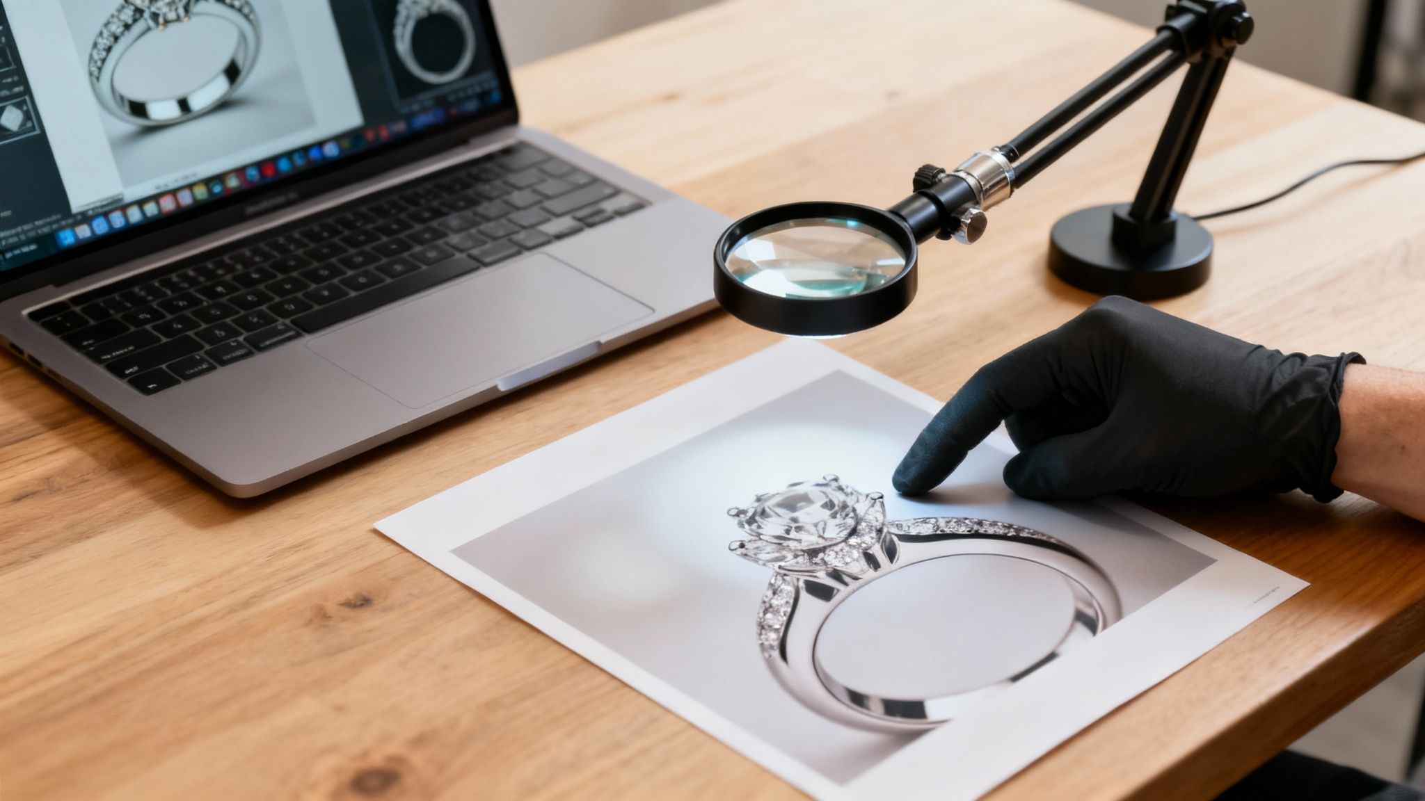 עיצוב תכשיטים: בחינה מדוקדקת של טבעת יהלום מודפסת, בעזרת הגדלה ומחשב נייד.