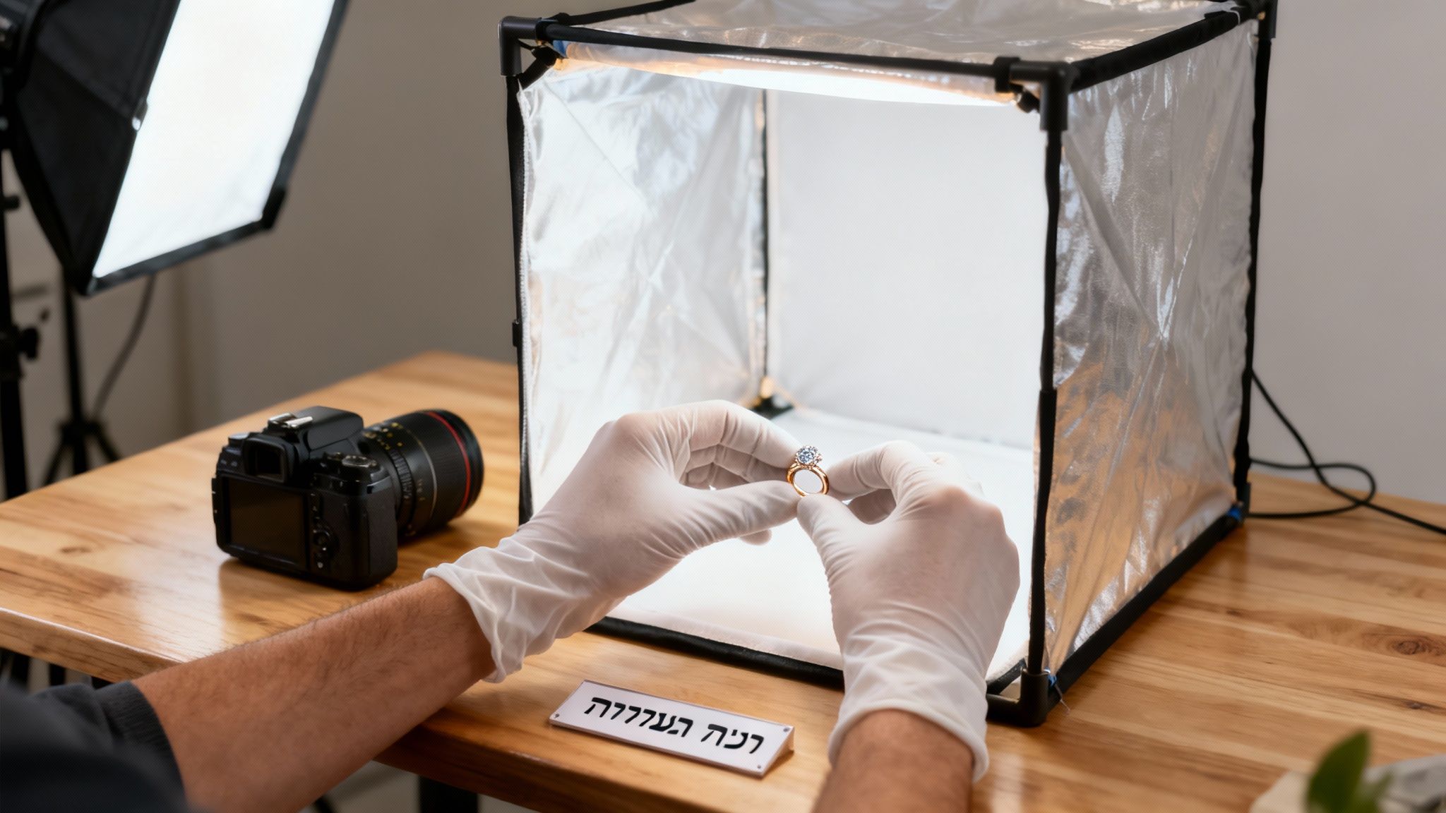 אדם בכפפות לבנות מחזיק טבעת יהלום מנצנצת בתוך אוהל צילום מואר, עם מצלמה מקצועית על שולחן עץ.