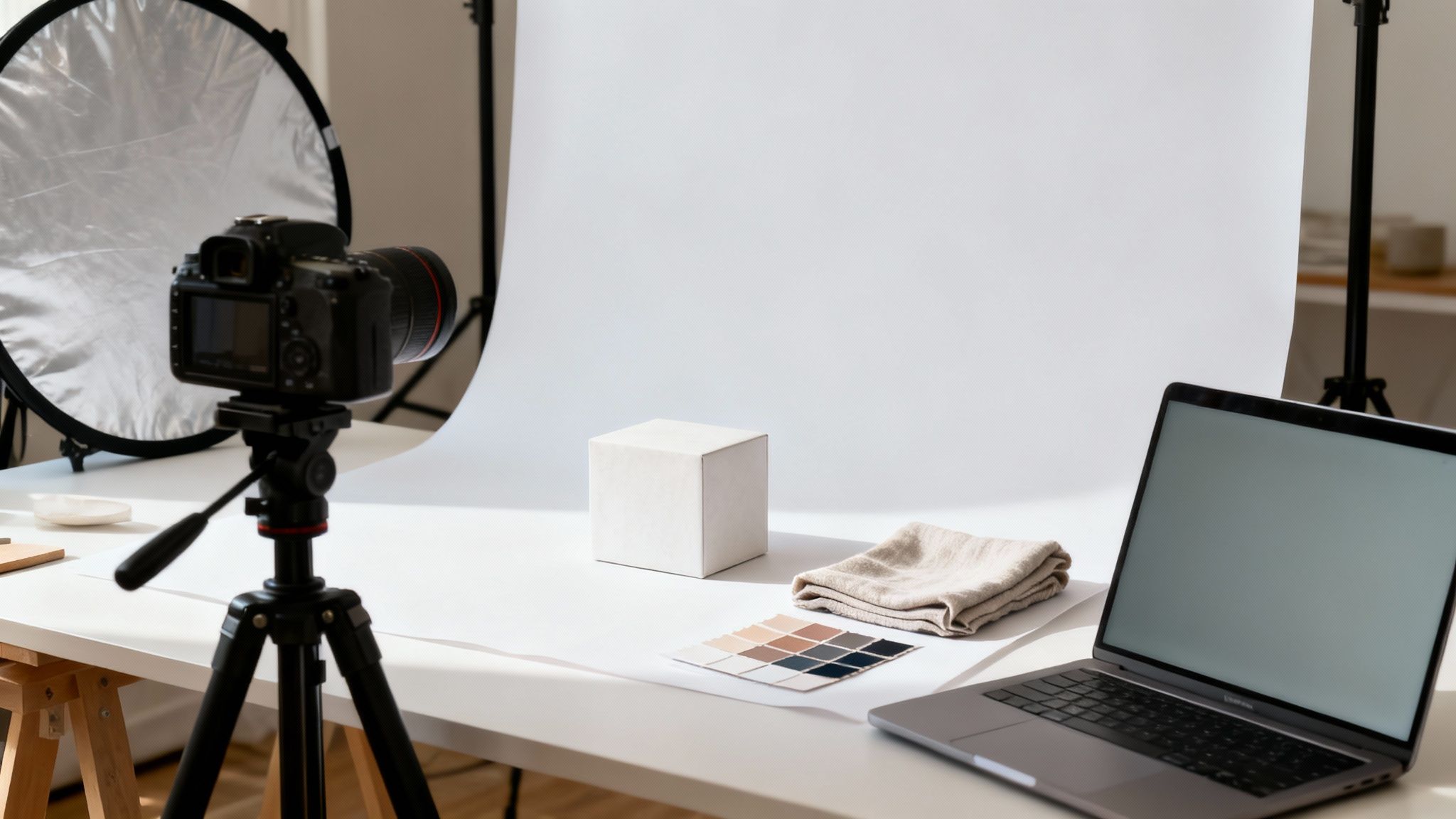 סט צילום מוצרים עם מצלמה על חצובה, רקע לבן, אביזרים ולפטופ לעיבוד תמונה.