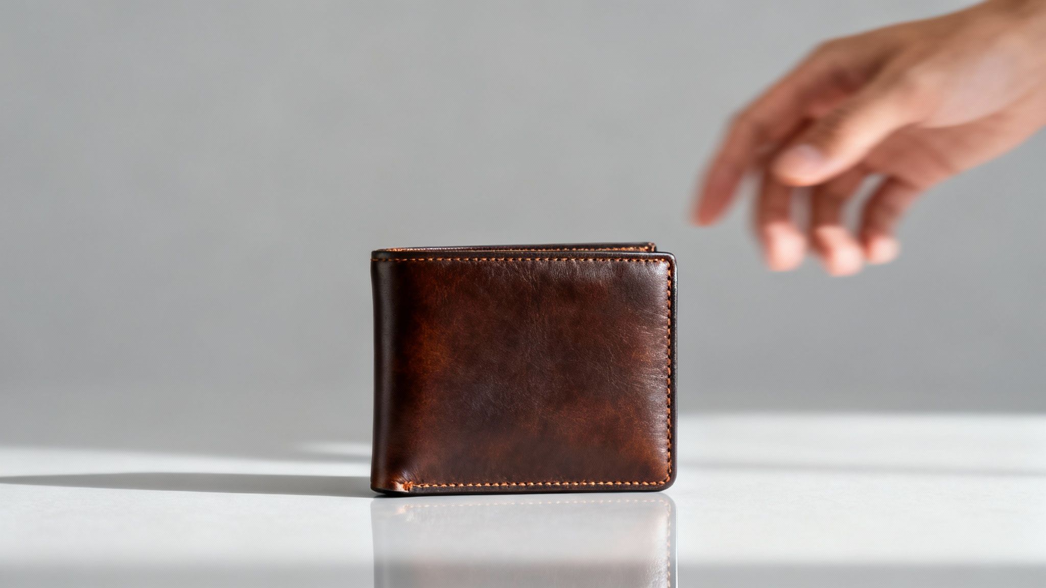 ארנק עור חום יוקרתי מונח על משטח לבן, ויד אנושית מטושטשת מושטת לעברו, צילום מוצר לאיקומרס.