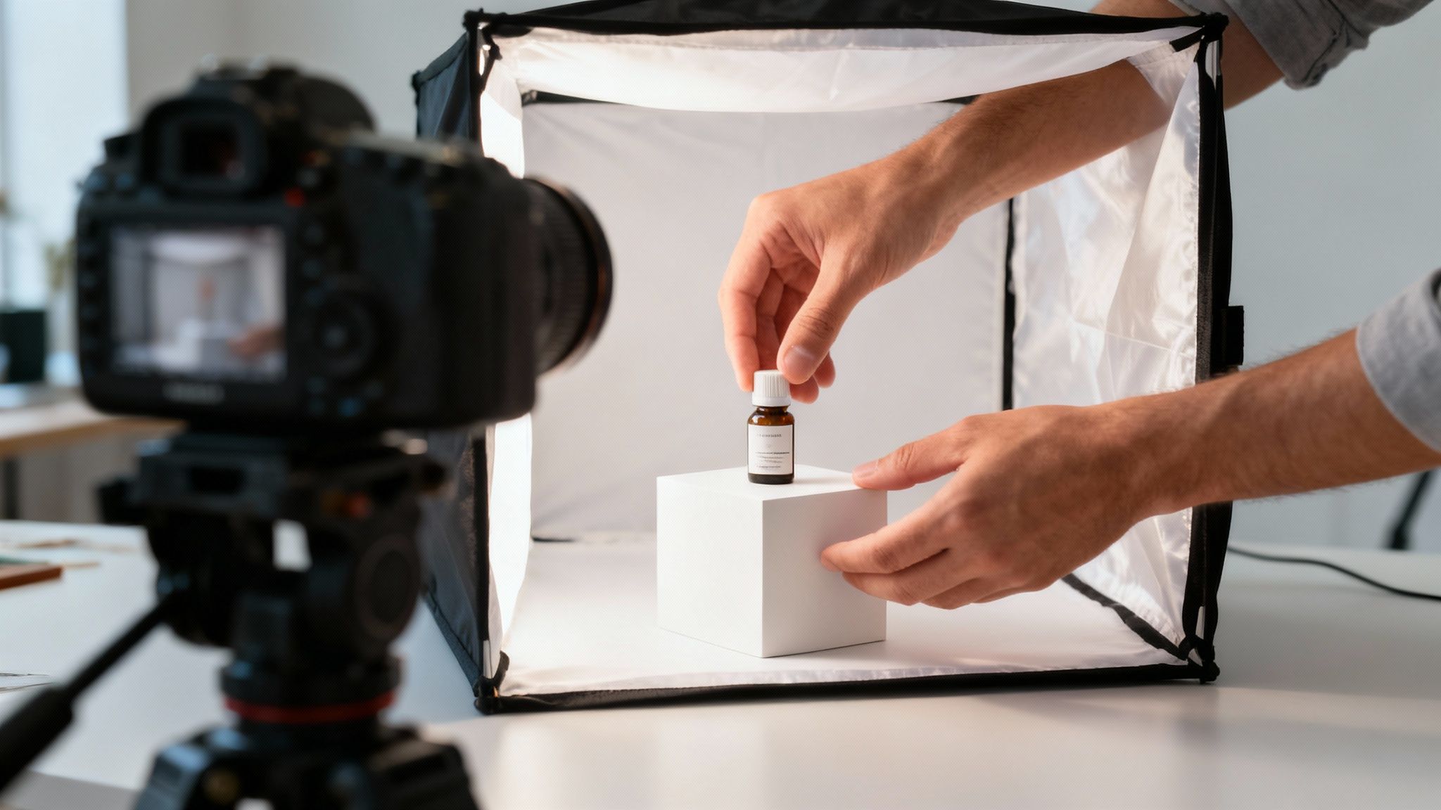 אדם מציב בקבוק קטן על קובייה לבנה בתוך אוהל תאורה, מצלמה על חצובה מוכנה לצילום מוצר.