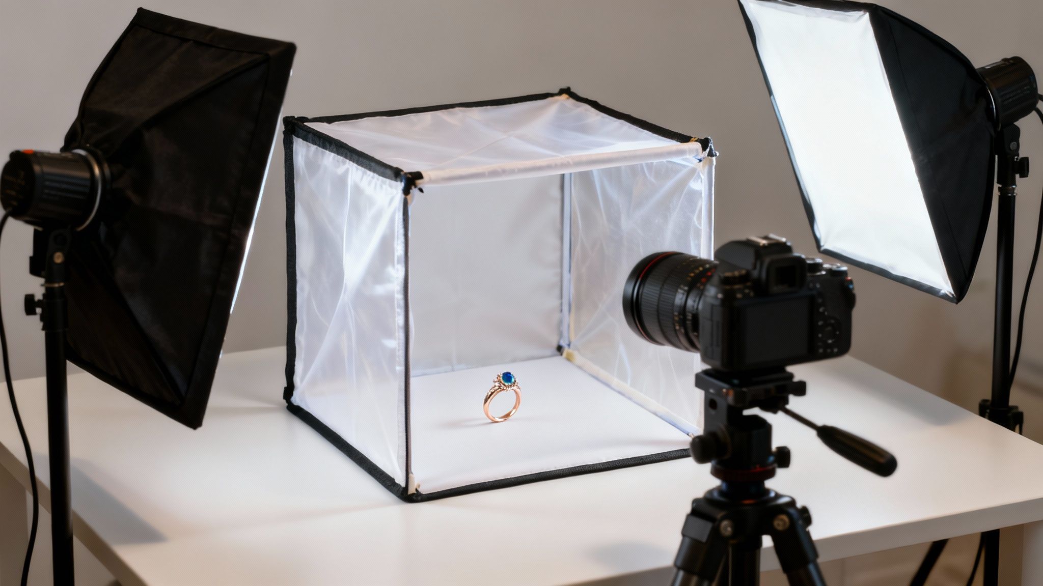 טבעת זהב עם אבן כחולה בתוך אוהל צילום מואר, מונחת על שולחן לבן לצילום מוצר, עם מצלמה וחצובה.