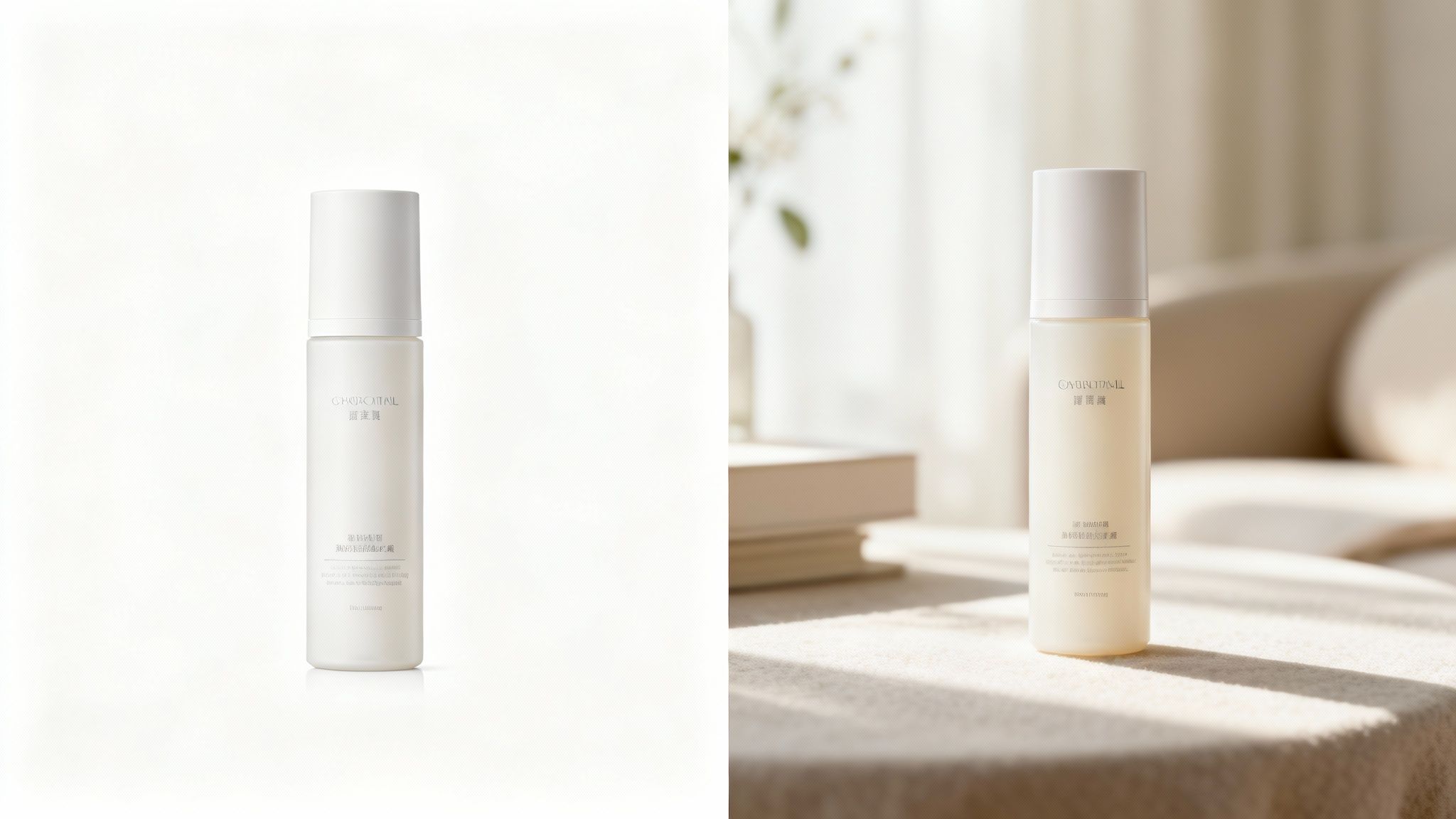 בקבוקי מוצר קוסמטי לבנים ואלגנטיים, מוצגים על רקע נקי וגם בסביבה טבעית ונעימה.