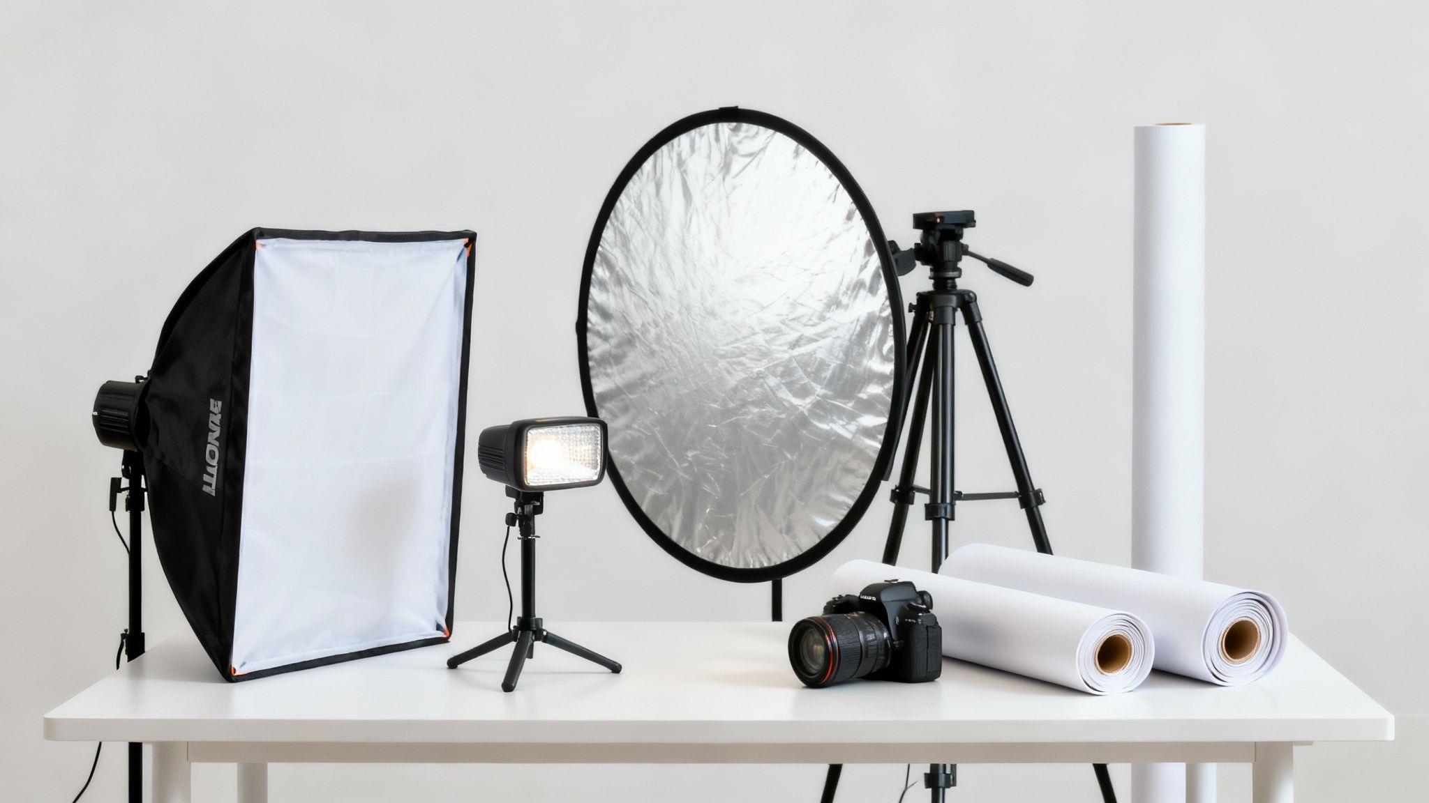 ציוד צילום מקצועי לסטודיו על שולחן לבן: סופטבוקס, תאורת לד, רפלקטור, חצובה, מצלמה ורקעים.