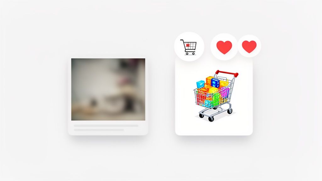 כרטיס עם תמונה מטושטשת וכרטיס נוסף עם עגלת קניות מלאה בקופסאות מתנה צבעוניות, עם אייקוני קנייה ולבבות.