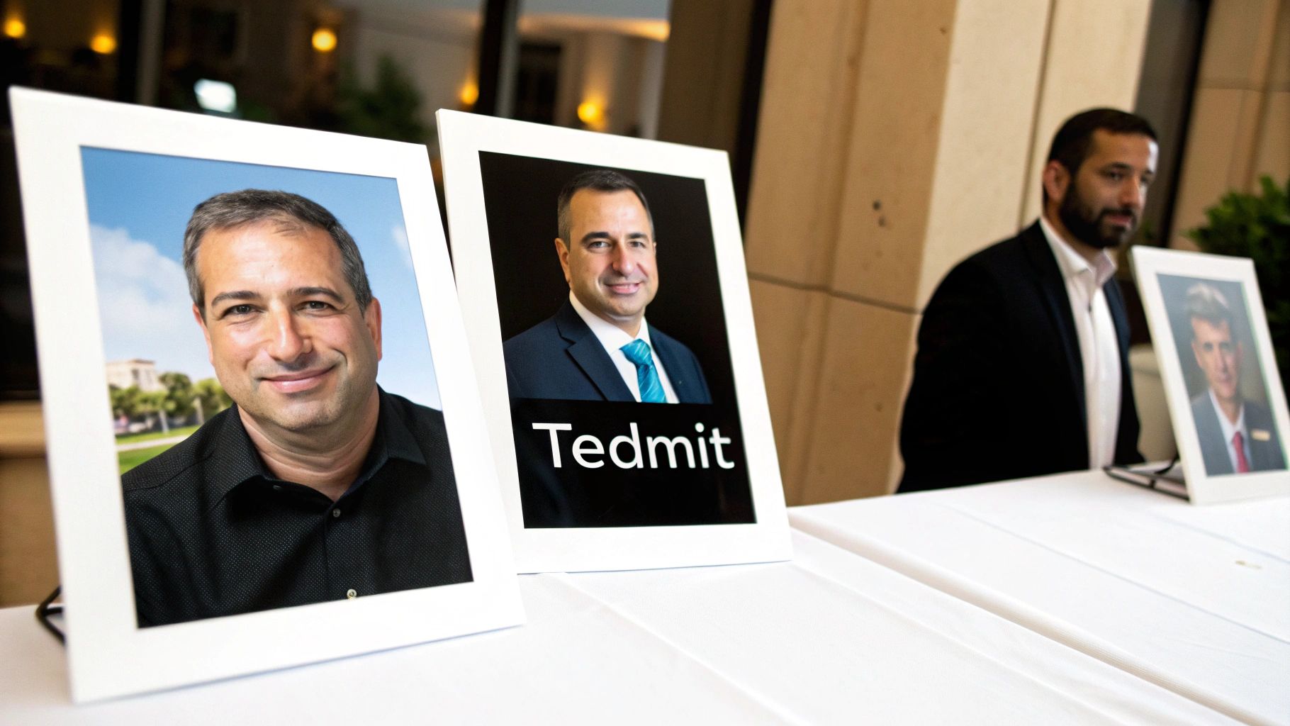 שלושה דיוקנאות ממוסגרים של גברים על שולחן לבן, אחד מהם עם הכיתוב "Tedmit", ואיש בברקע מסתכל עליהם.