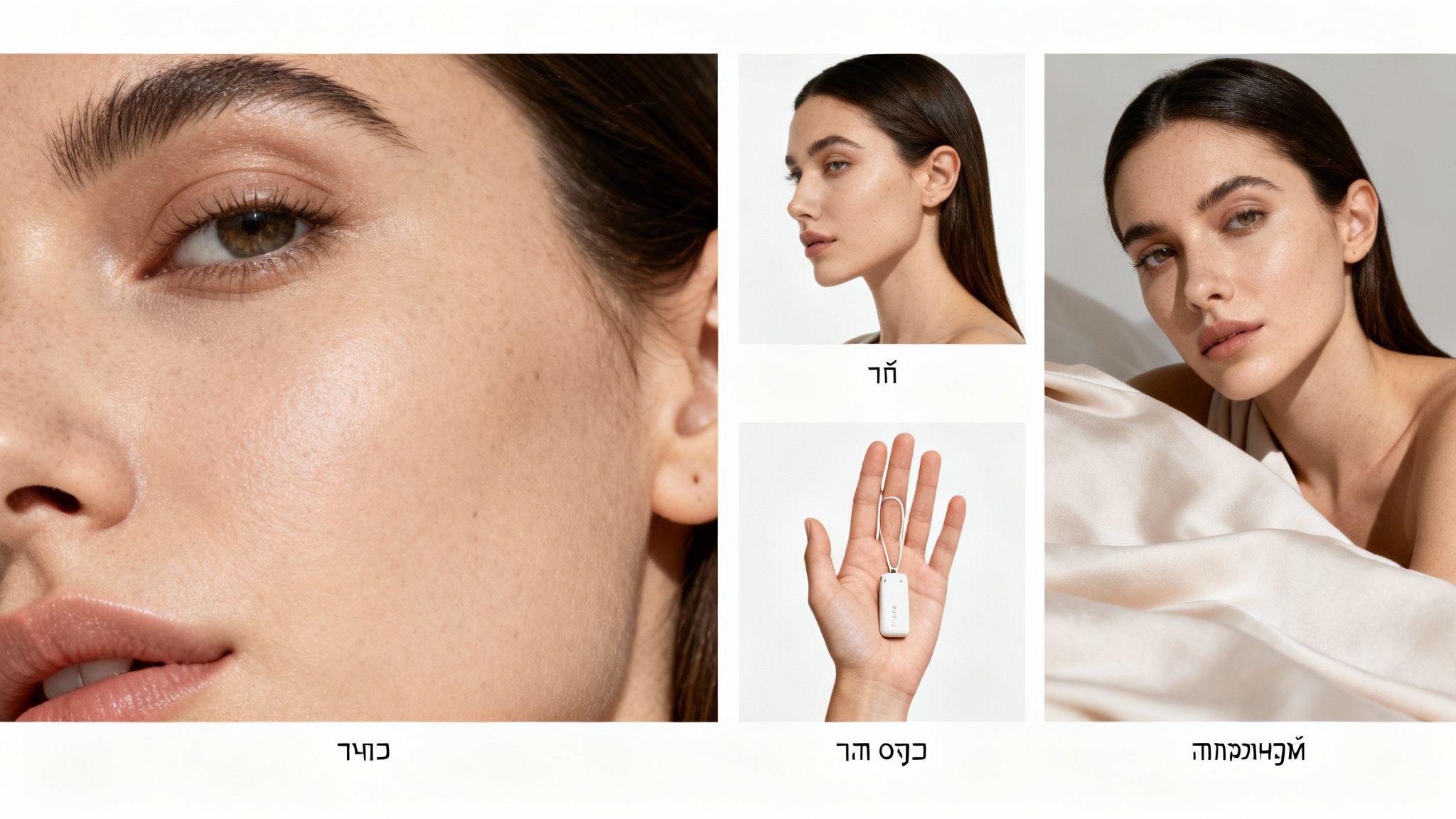 צילומי תקריב של אישה עם עור פנים חלק ומוצר יופי לבן המוחזק ביד.