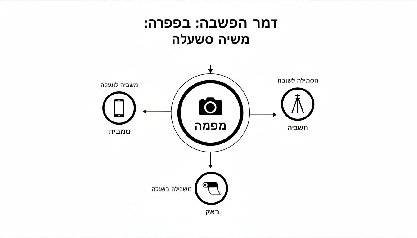 דיאגרמה המציגה מצלמה במרכז, המחוברת לטלפון חכם, לחצובה ולגליל נייר. משמעות צילום וציוד.