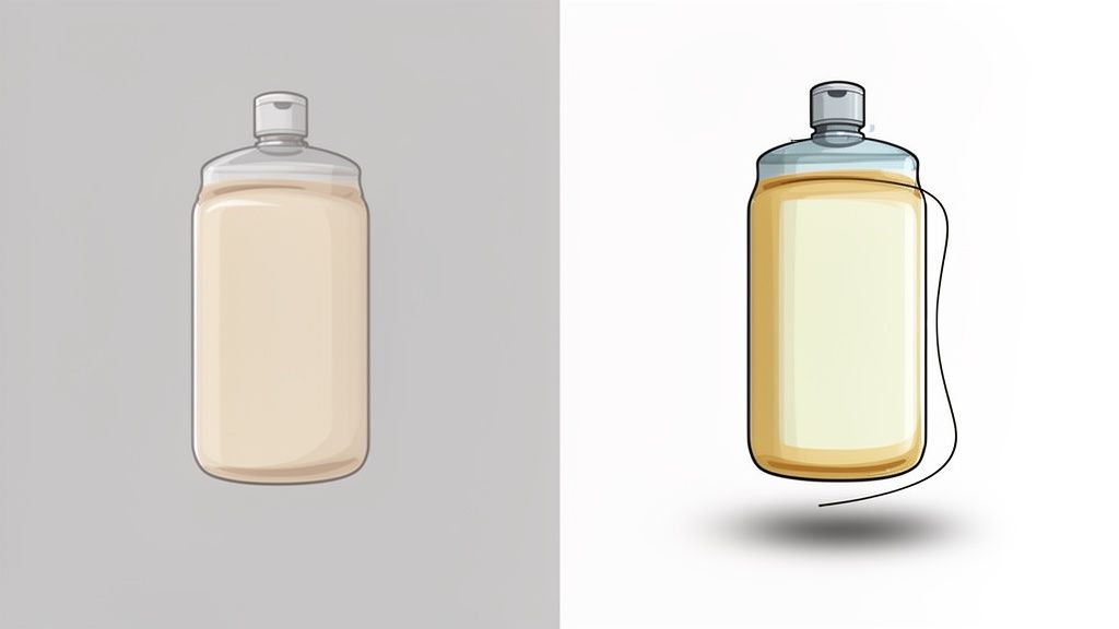 שני איורים של בקבוק שמפו או מרכך בצבע בז' עם פקק אפור, אחד על רקע אפור ואחד על רקע לבן.