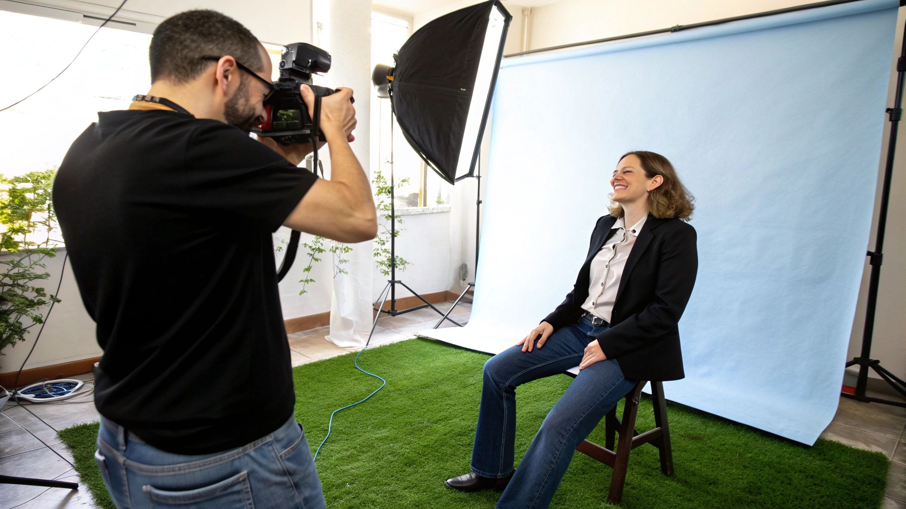 צלם מצלם אישה מחייכת היושבת על שרפרף בסטודיו עם רקע כחול ותאורת סטודיו.