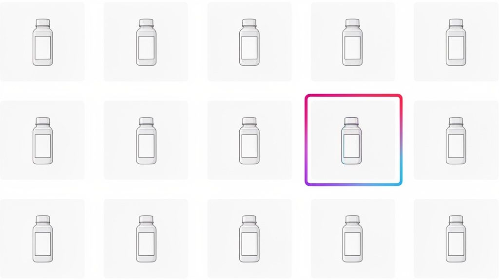 15 בקבוקי כדורים לבנים מסוגננים המוצגים ברשת, אחד מהם מודגש בתיבה צבעונית.