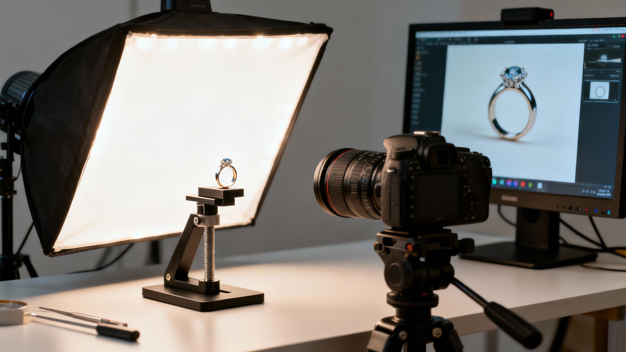 סטודיו לצילום תכשיטים מואר, טבעת יהלום כחולה על מעמד, מצלמה ומסך מציגים את התמונה.