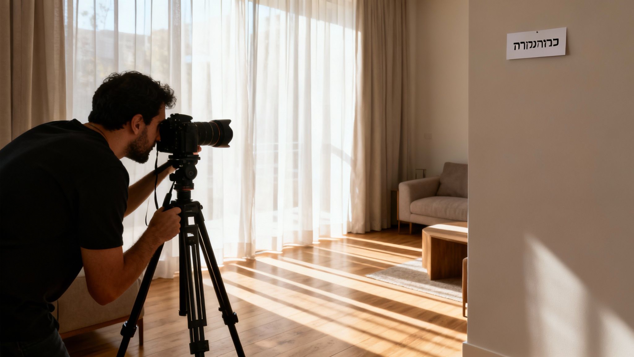 צלם מקצועי מצלם חדר מעוצב עם חלונות גדולים ואור טבעי.