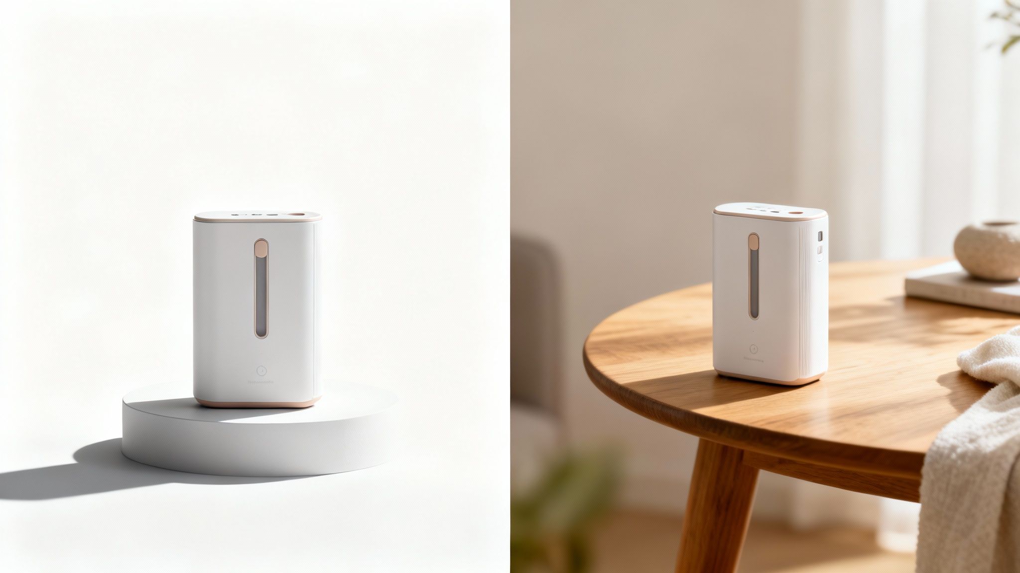 מכשיר אלקטרוני לבן מודרני עם עיטורים חומים וחלון אנכי, מוצג על משטחים שונים בסטודיו ובבית.