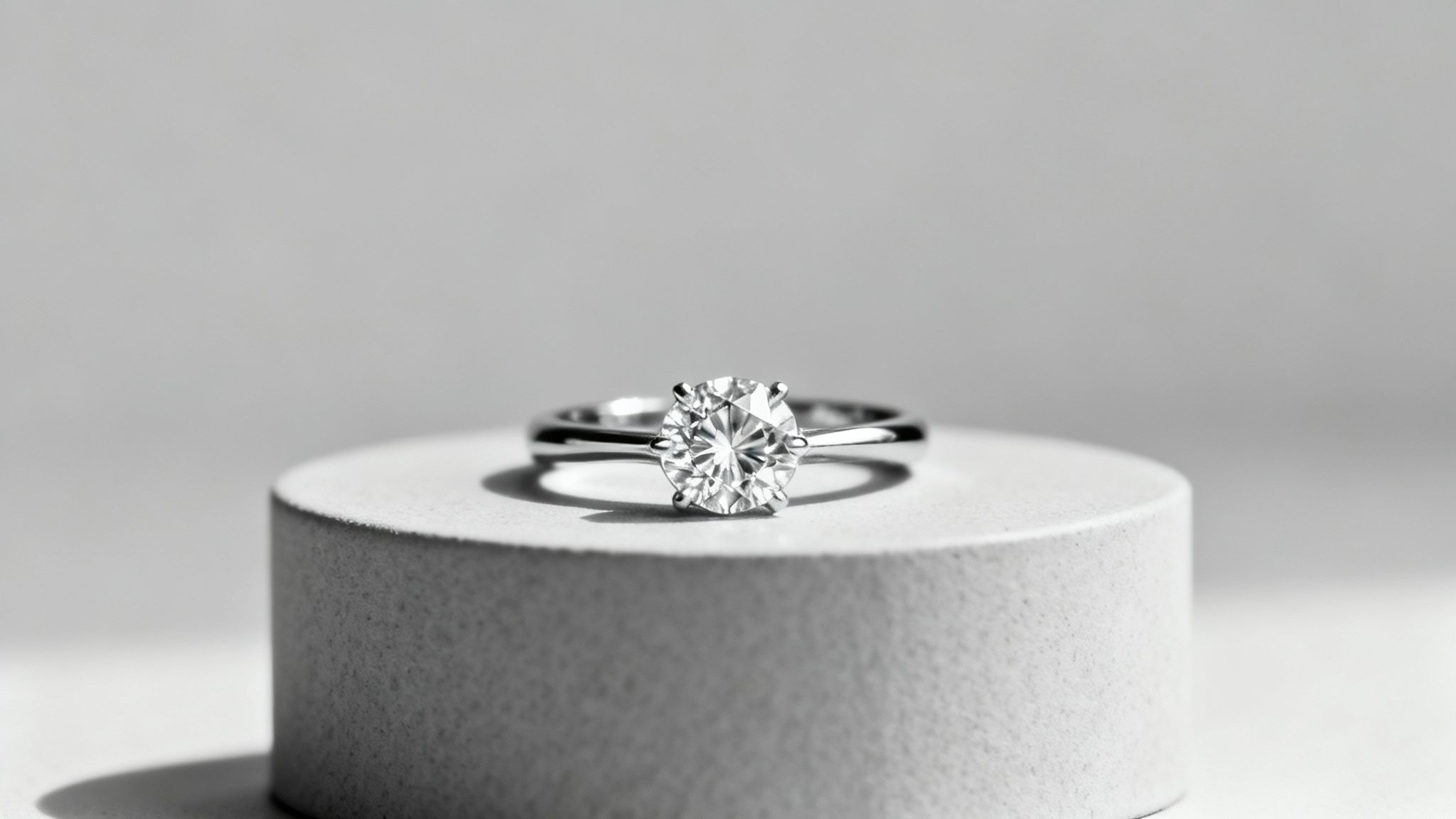 טבעת אירוסין מכסף עם יהלום מבריק במרכזה, מונחת על כן תצוגה עגול ואפור בהיר, מוארת באור טבעי.