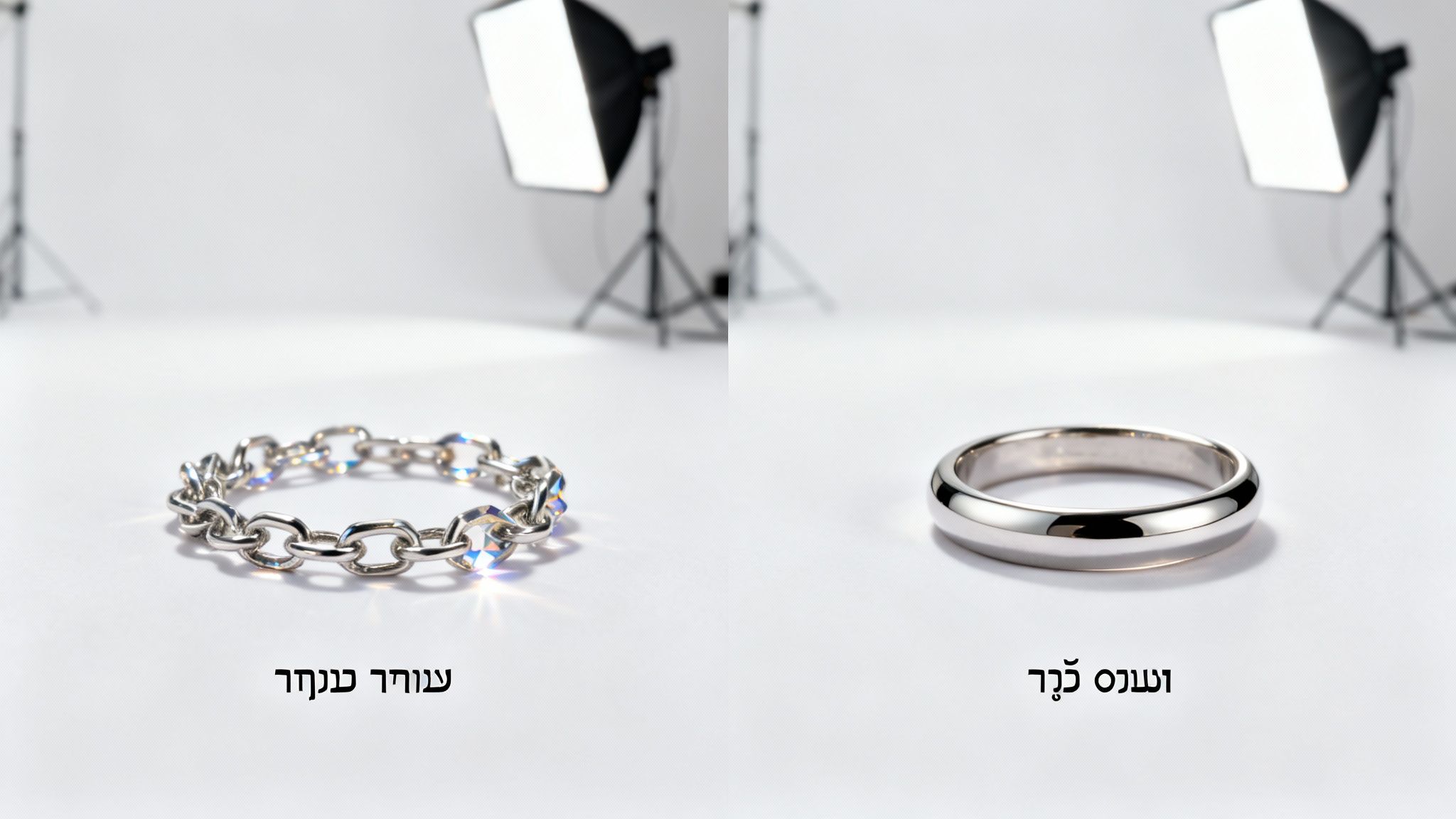 צמיד כסף וטבעת כסף מבריקים, מצולמים על רקע סטודיו לבן עם תאורה מקצועית.