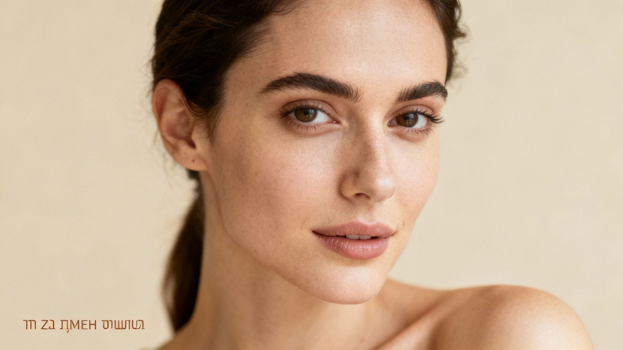 אישה יפה עם עיניים חומות ושיער חום, מביטה במצלמה, עור פנים טבעי.