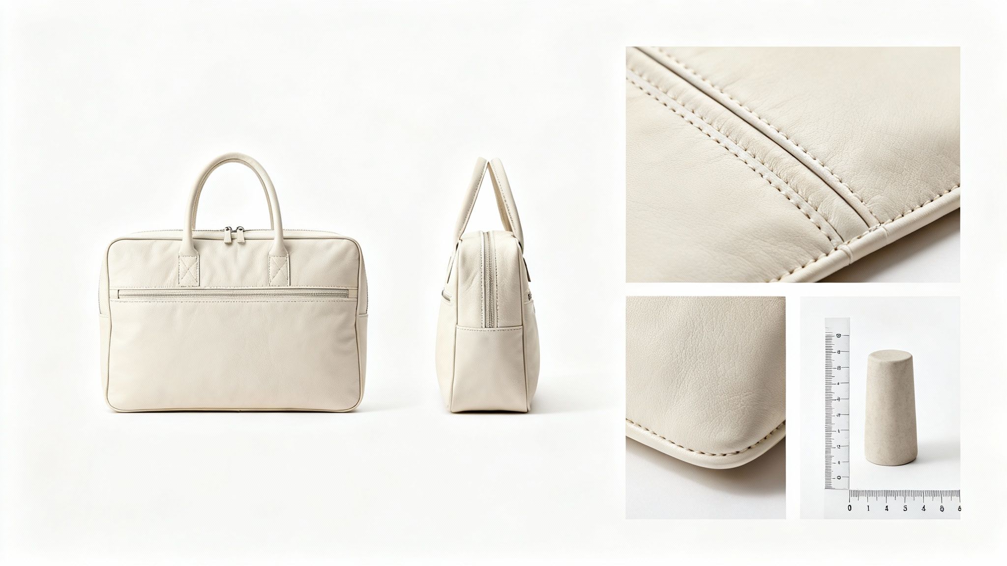 תיק מסמכים מעור בהיר בצבע קרם עם ידיות ורוכסנים, בתצוגה מפורטת של חומר ותפרים.