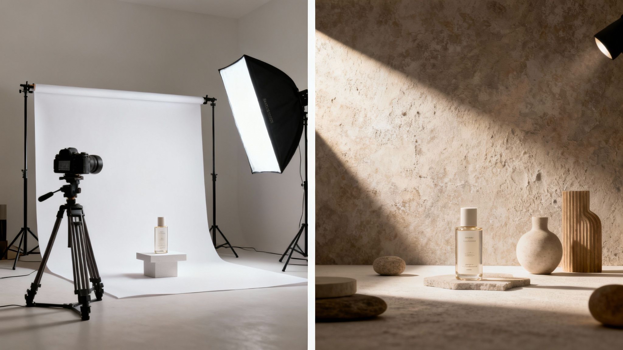 אולפן צילום מוצרים משמאל עם רקע לבן ומצלמה, ותוצאת צילום אסתטית מימין עם בקבוק על במה.