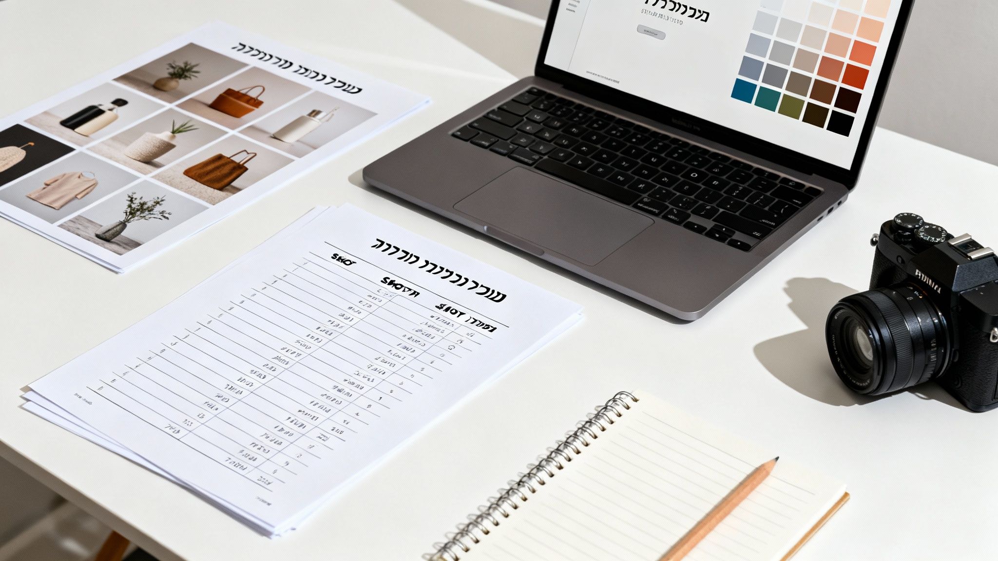 שולחן עבודה עם מחשב נייד, מצלמה, דפים מודפסים של מוצרים ורשימות, ומחברת ועפרון.