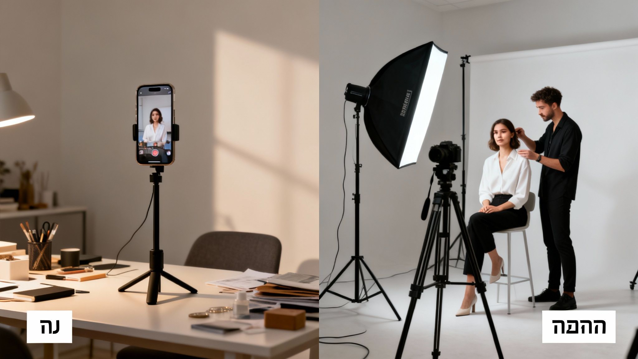 השוואה בין צילום סרטון בסמארטפון על חצובה ביתית לבין צילום תדמית מקצועי בסטודיו עם ציוד תאורה וסטייליסט.