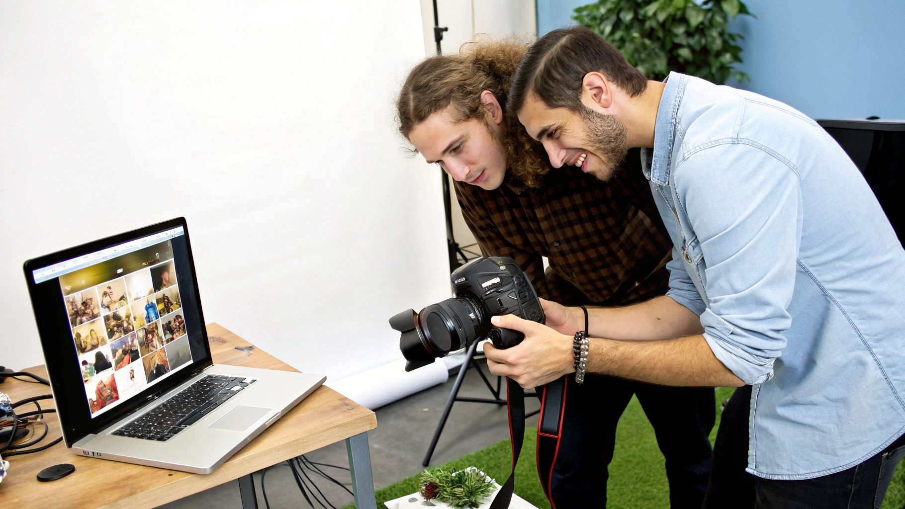 שני גברים צעירים בוחנים תמונות על מצלמת DSLR, כשלצדם מחשב נייד המציג גלריית תמונות.