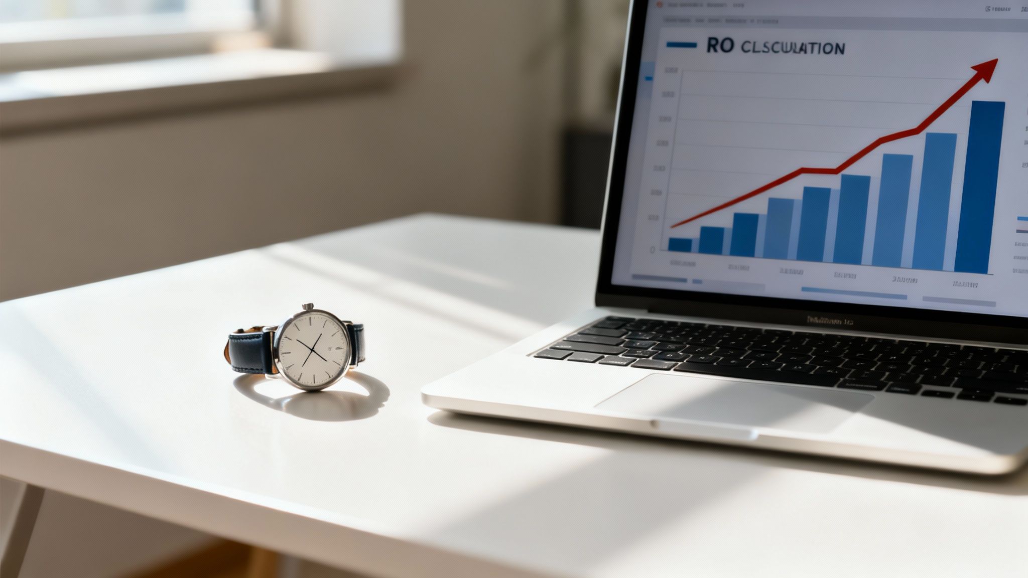 שעון יד אלגנטי מונח על שולחן לבן ליד מחשב נייד המציג גרף רווחים עולה באור שמש.