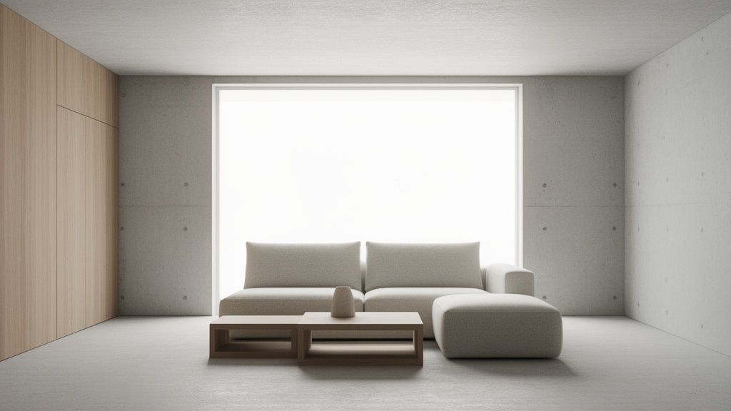 סלון מודרני מינימליסטי עם קירות בטון חשוף, ספה אפורה בהירה ושולחן קפה מעץ.