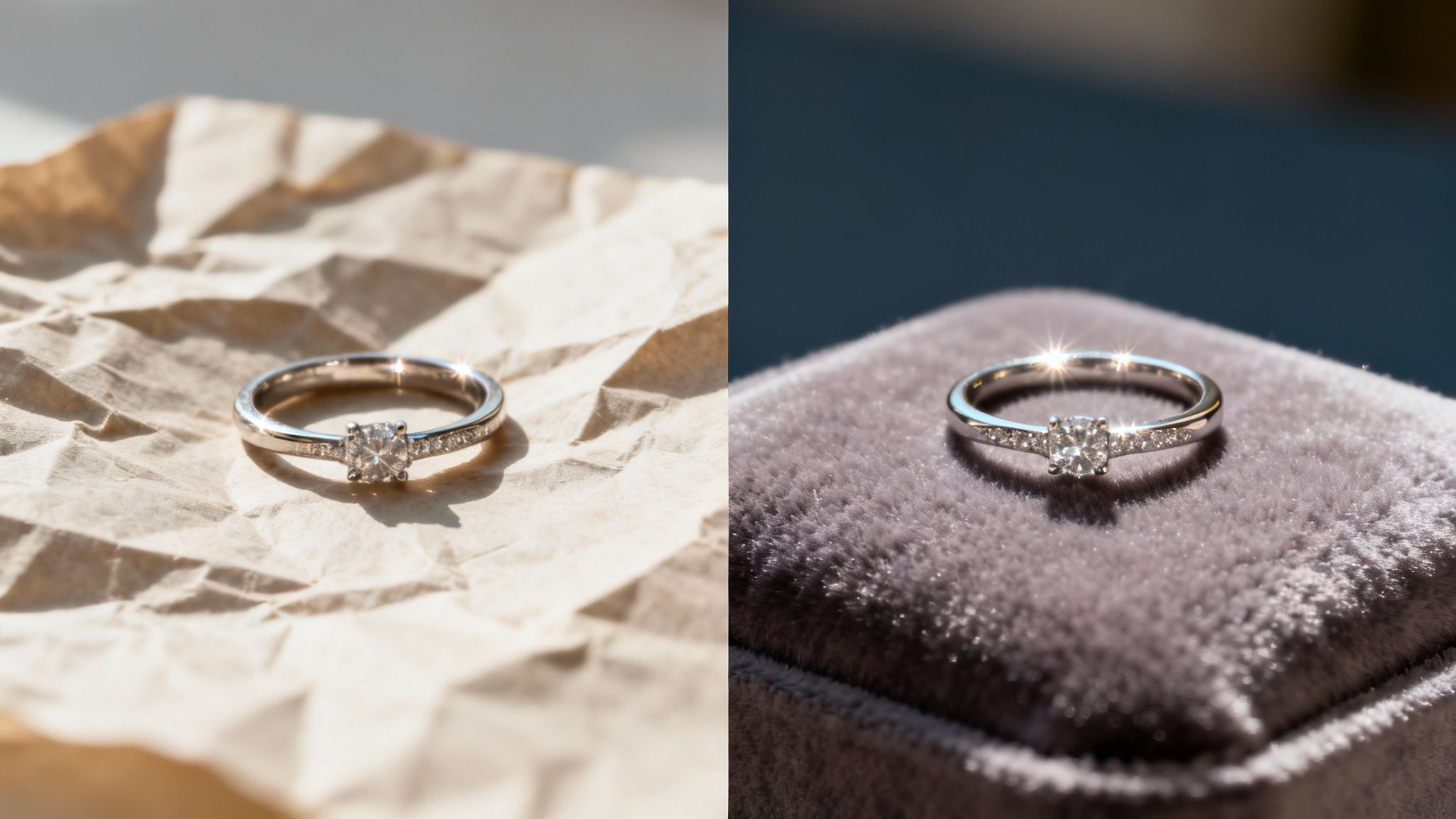 שתי תמונות של טבעת יהלום כסופה מנצנצת: אחת על נייר מקומט ואחת על קופסת קטיפה.