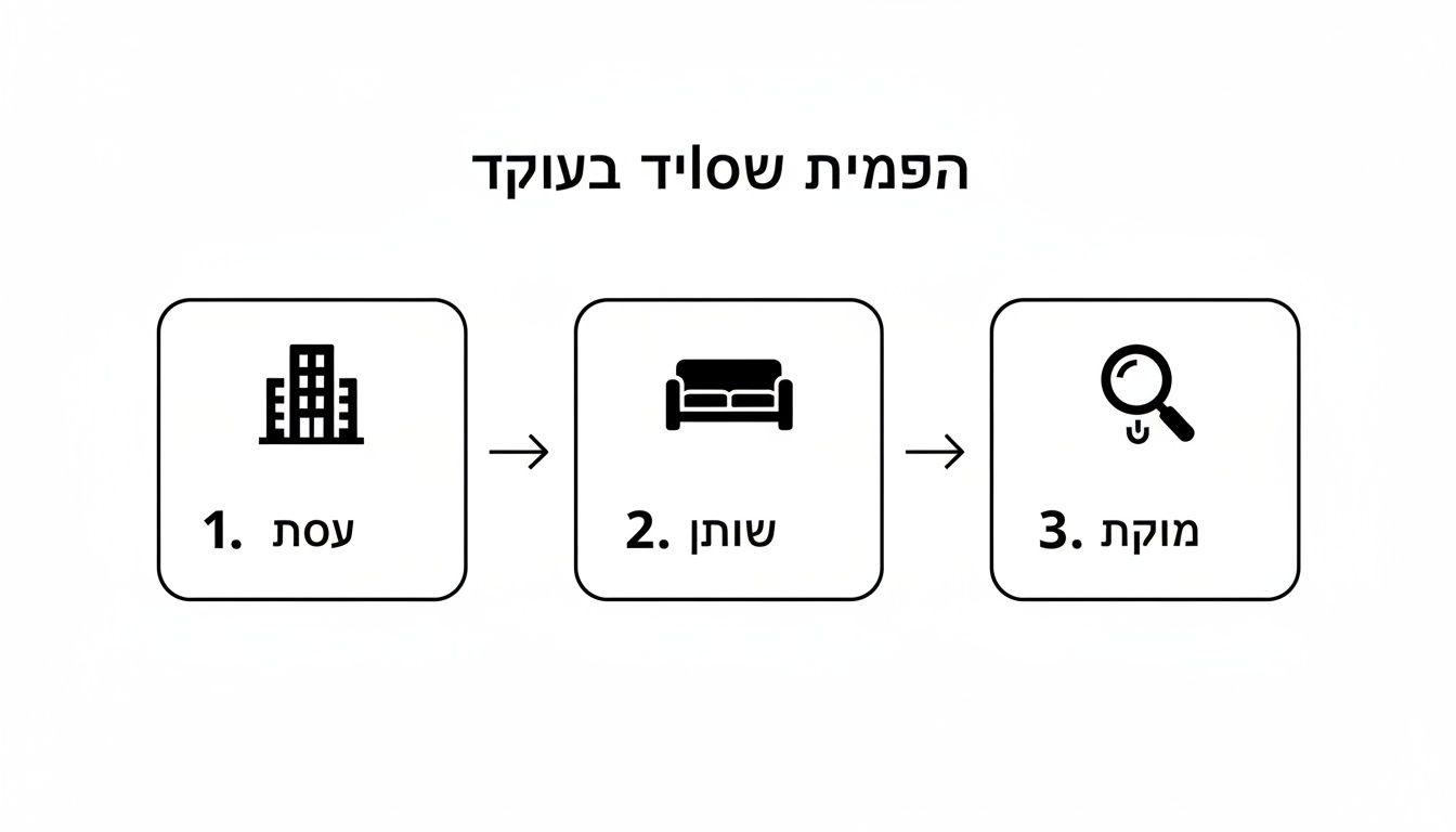 תרשים זרימה המפרט שלושה שלבים בצילום פנים ואדריכלות: 1. עסק, 2. פנים, 3. ממוקד.